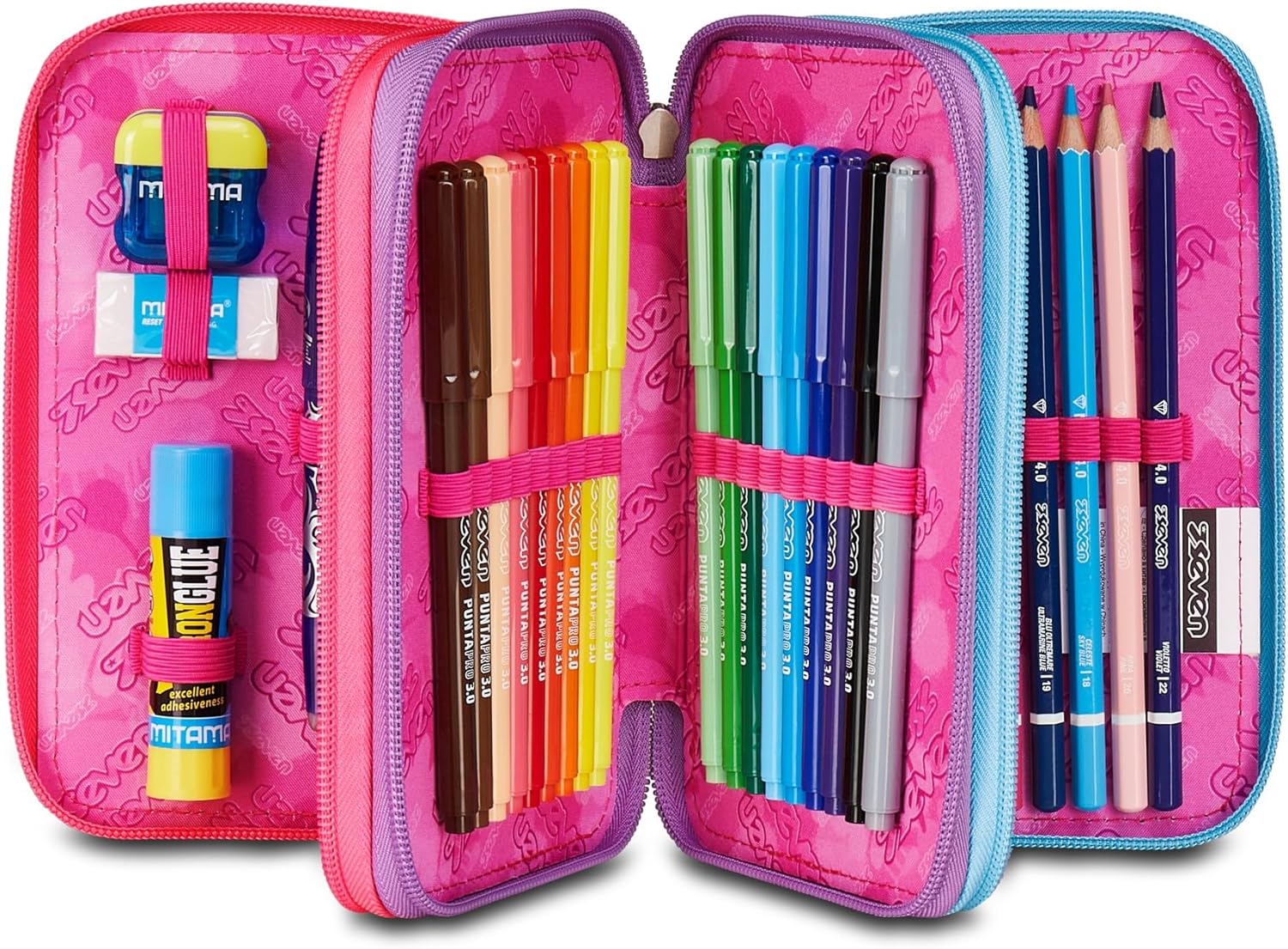 Thumbnail 1 de Seven Sprint Paint Girl – Trousse Porte-Stylo triple compartiments avec 45 pièces (Fuchsia/Bleu clair) pour l'école primaire