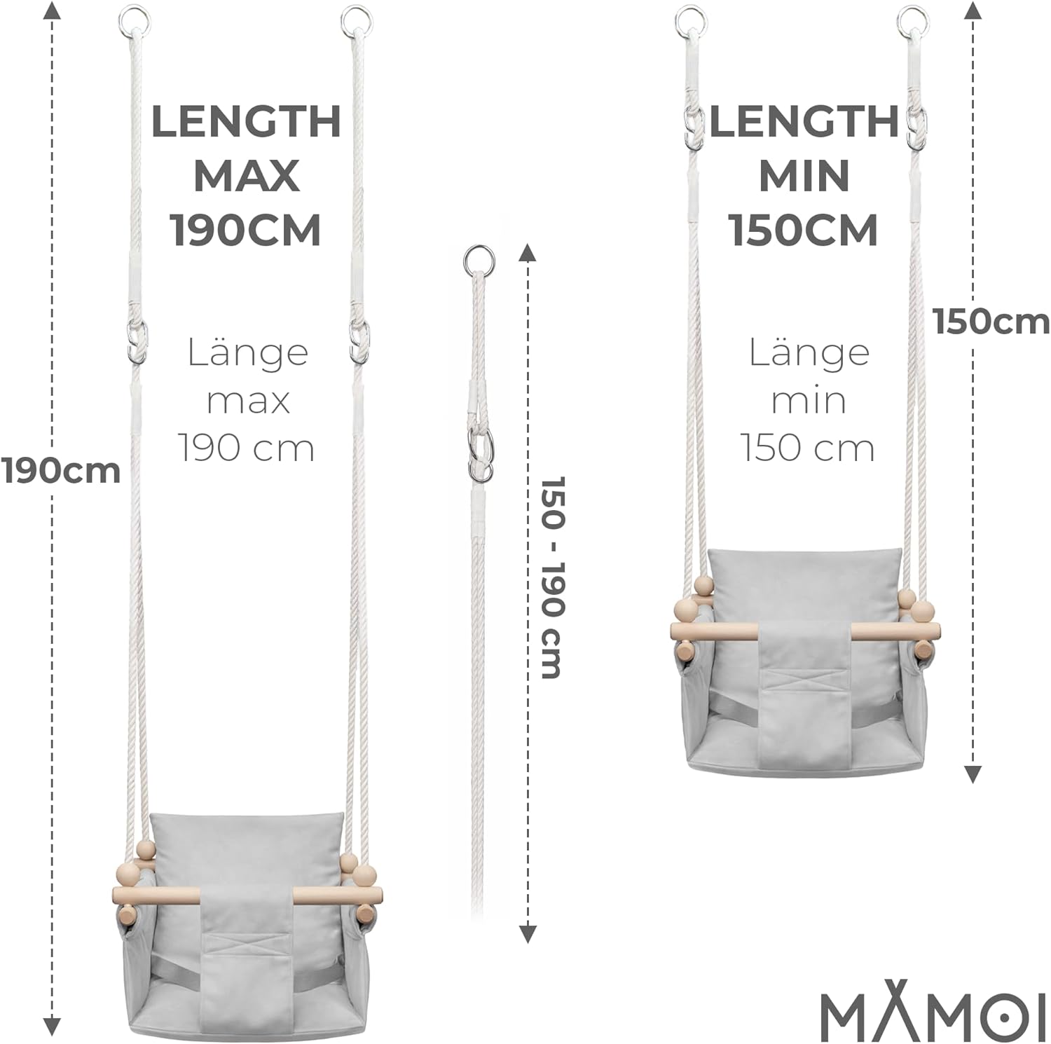 Detalle de Altalena per bambini MAMOI con cintura di sicurezza (6–36 mesi) max 20 kg, montaggio a soffitto per interni