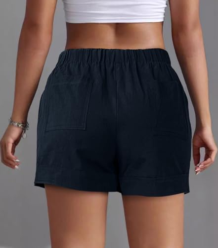 Detalle de comefohome Womens Shorts HS Dark Blue – Summer Drawstring Cotton, High-Waist with Pockets