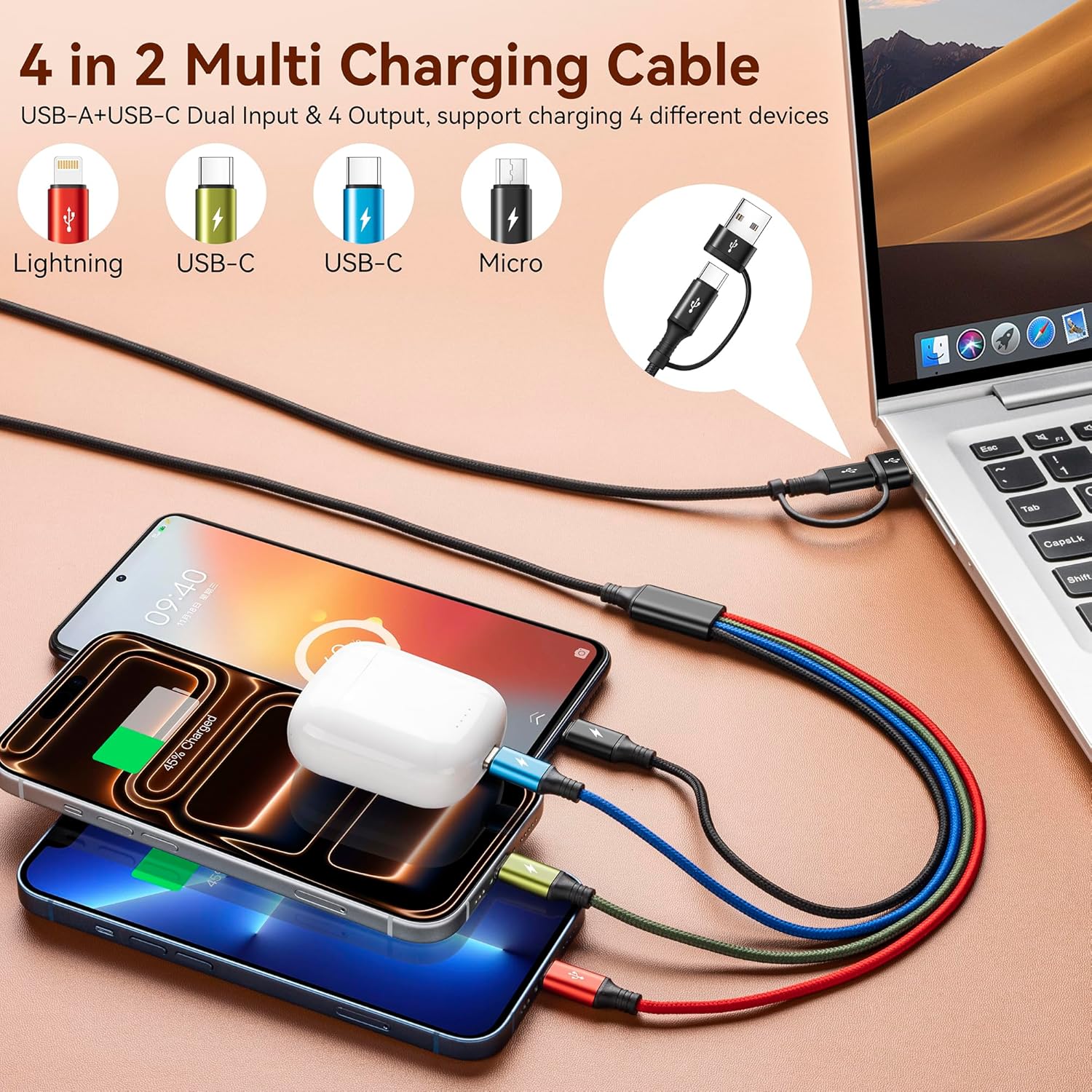 Detalle 2 de Minlu Dual USB-C Multi Charger Cable: 4-in-1 USB-C/A charging cable with 2 Type-C ports, Lightning and Micro USB