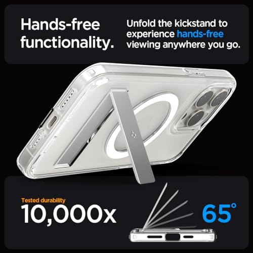 Detalle de Spigen coque magnétique iPhone 15 Pro Max, béquille kickstand, TPU – transparent ⚡