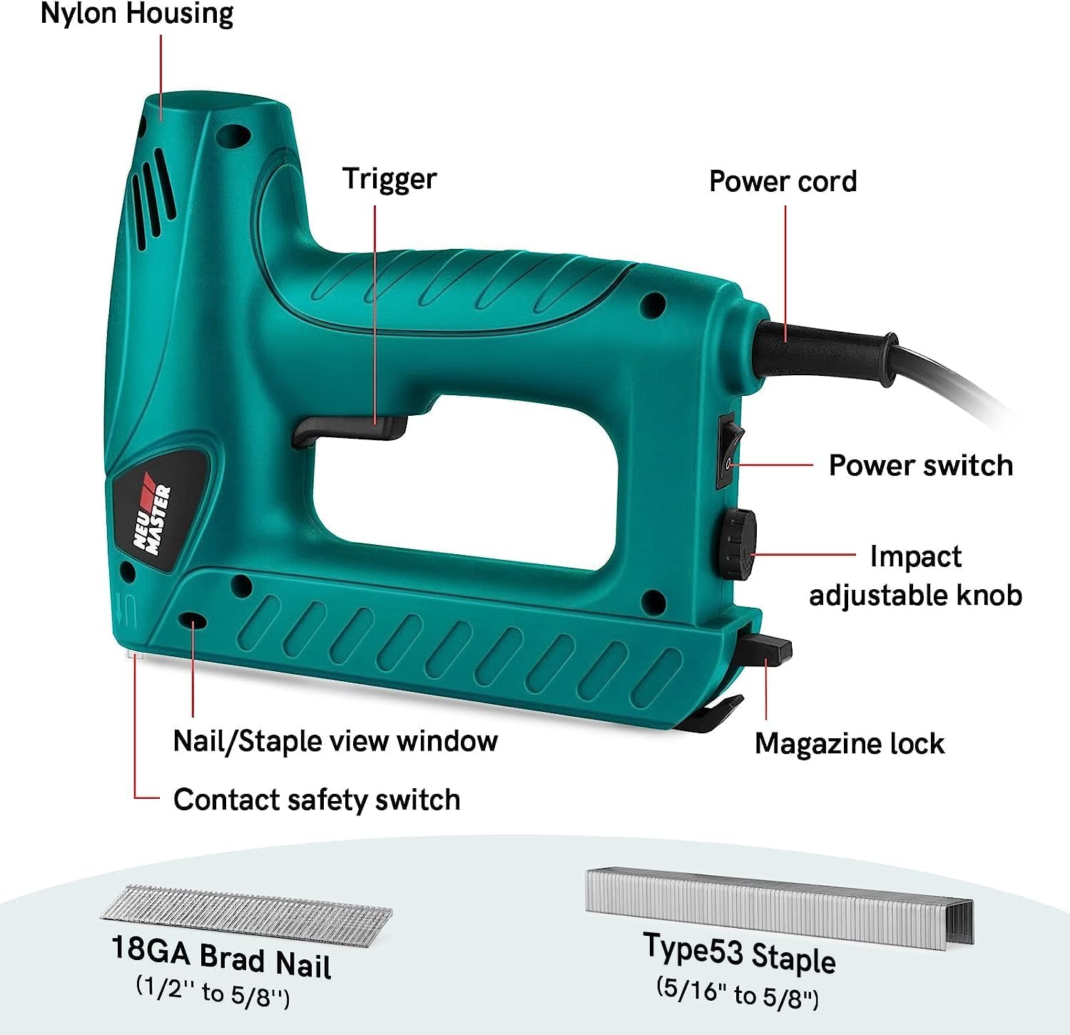 Detalle de NEU MASTER Electric Brad Nailer PLD6013: 2-in-1 Staple/Nail Gun for Basic Upholstery and Home Improvement