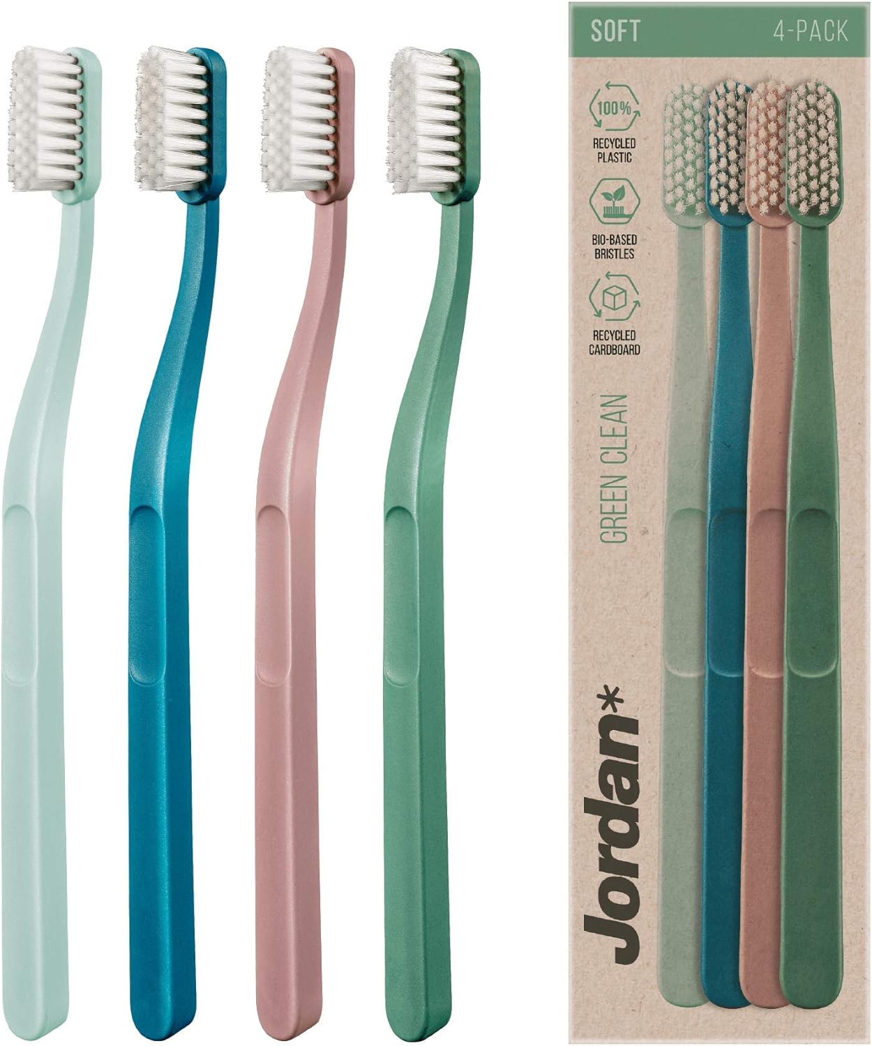 Jordan Green Clean Manual Toothbrush (Recycled Handle, Soft Bristles) — 4-Pack