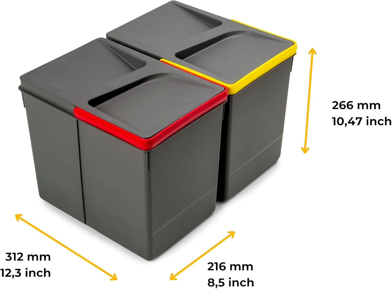 Detalle de Emuca Pattumiere per cassetto: kit di 2 contenitori per raccolta differenziata, 15 L ciascuno (266 mm) - base rifilabile consigliata