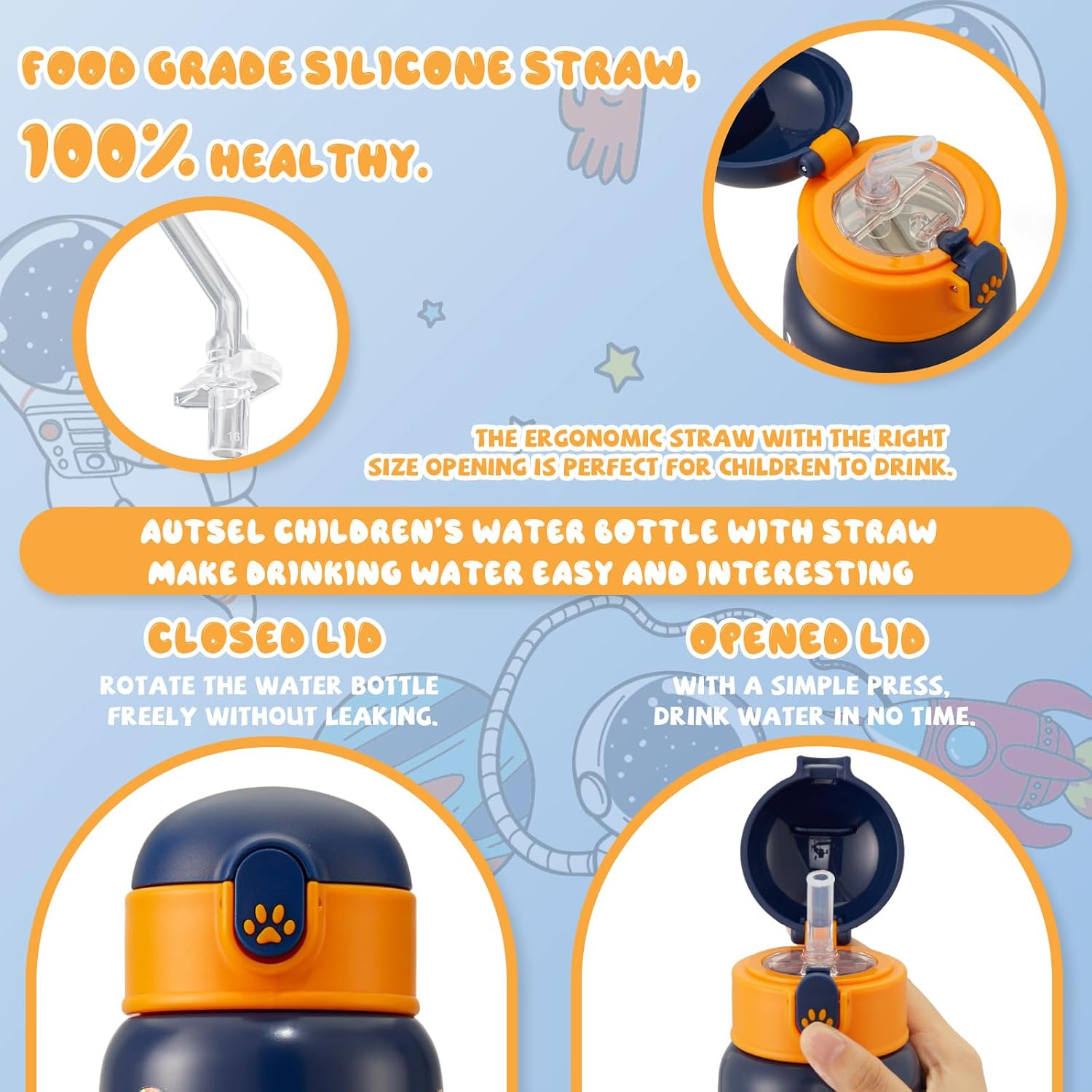 Detalle de Autsel 500ml Borraccia per Bambini con Cannuccia in Acciaio Inox 304, Doppia Parete, Senza BPA