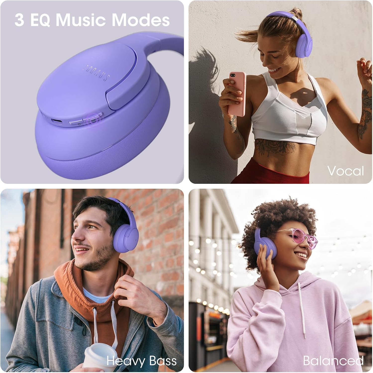 Thumbnail 3 de DOQAUS kabellose Bluetooth Over-Ear-Kopfhörer mit bis zu 90 Stunden Laufzeit, 3 EQ-Modi und Mikrofon (violett)