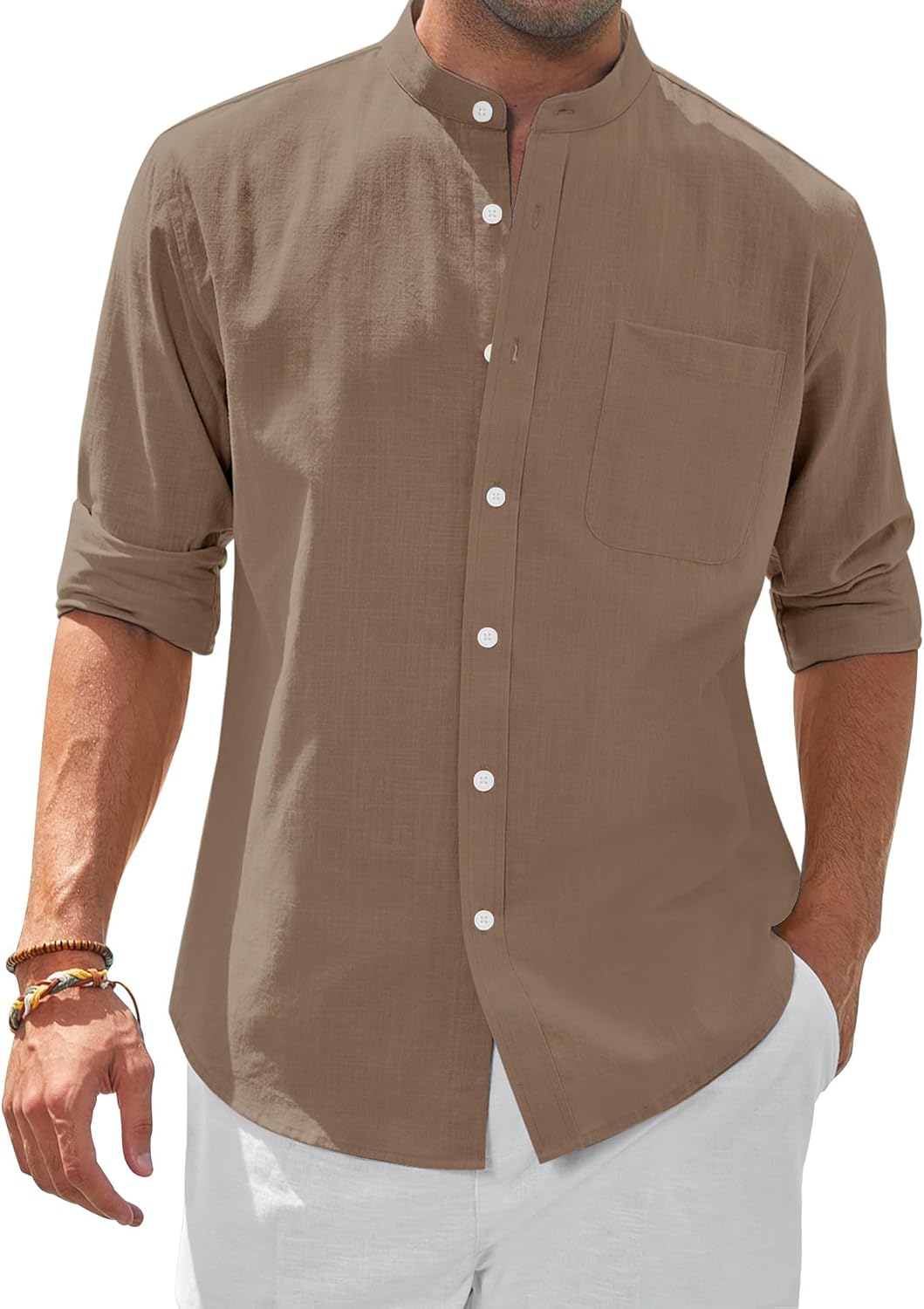Thumbnail 6 de siliteelon Herren Leinenhemd Langarm mit Stehkragen – Regular Fit Sommerhemd im Casual-Look