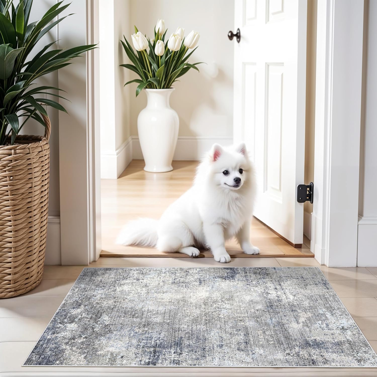 Detalle de 2x3 Washable Non-Slip Rug – Modern Abstract Neutral (Blue Grey, 2x3)
