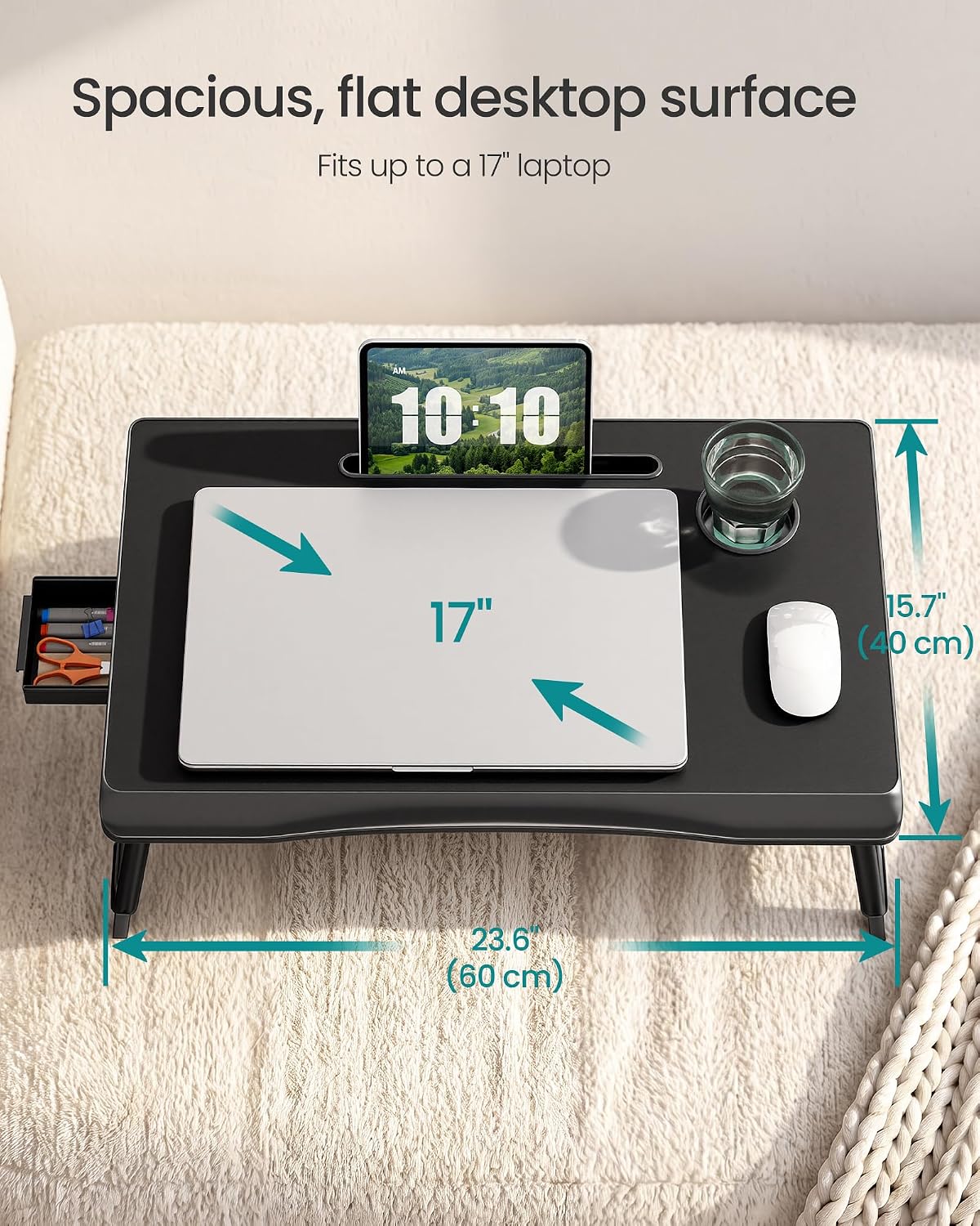 Detalle de SONGMICS ULLD120B101 Foldable Lap Desk with Cup Holder, Tablet Slot and Drawer