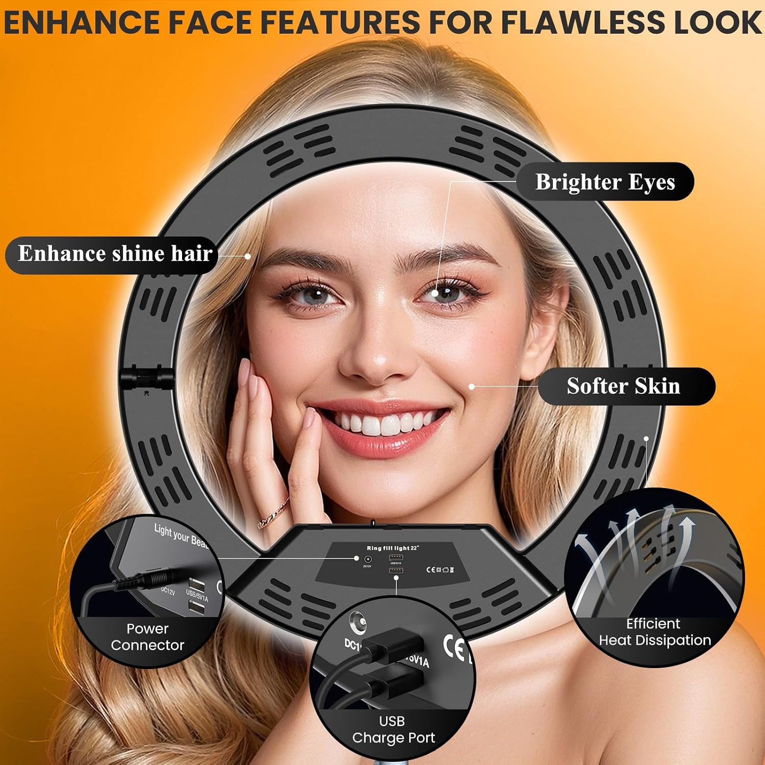 Thumbnail 2 de Auriani 22-Inch Foldable Ring Light with Stand, 75-Inch Tripod, Lockable Wheels, and LED Display