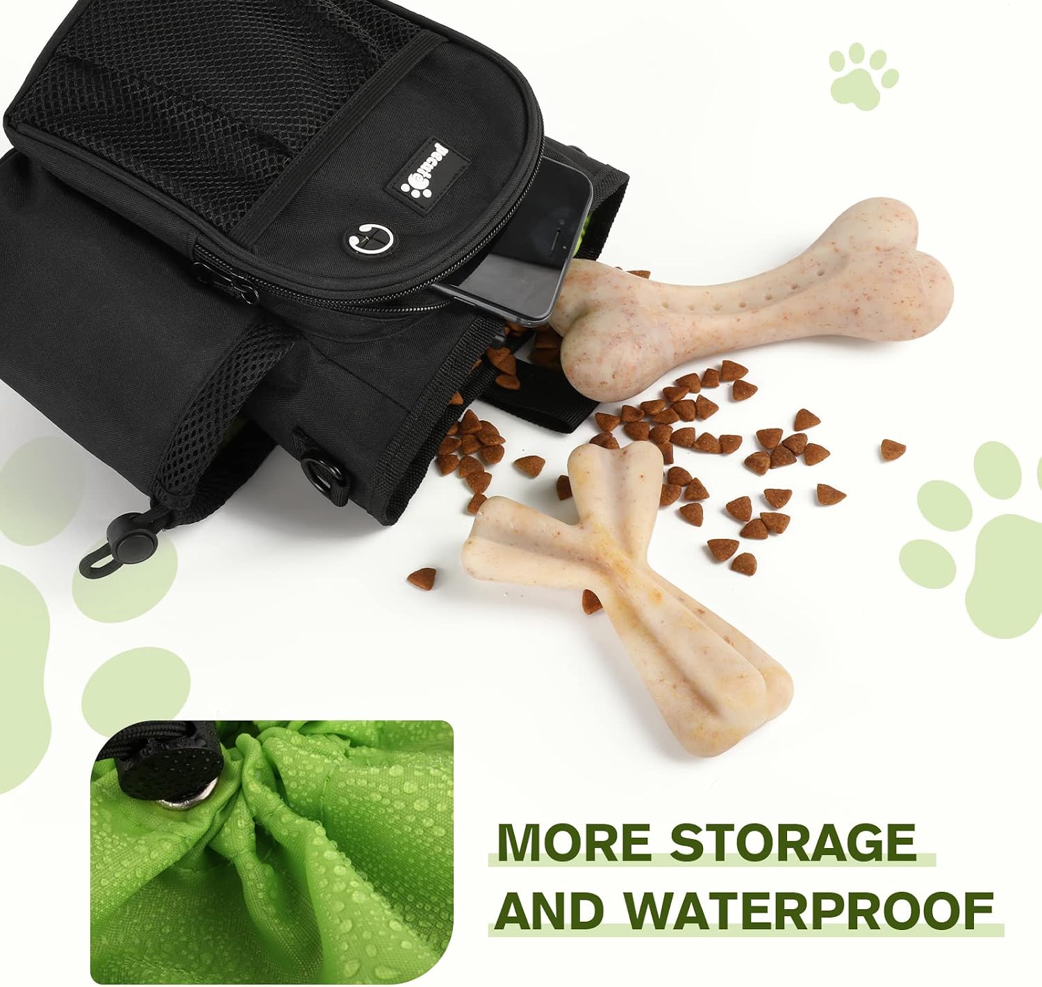 Detalle 2 de Pecute XL Dog Walking Bag with Water Bottle Holder (Black) – 22×21×16CM, 5 Pockets, Waterproof