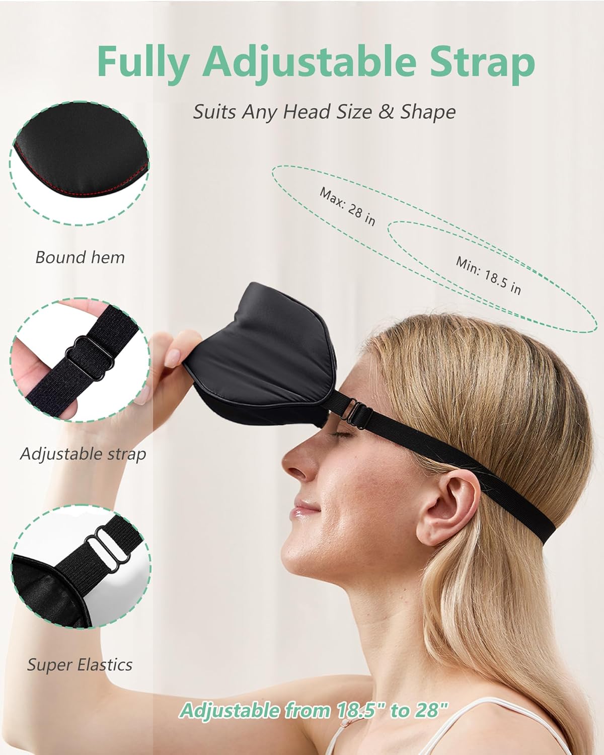Detalle de BeeVines Silk Sleeping Mask (2-pack) – 100% natural silk eye mask with adjustable straps (Black & Peacock Blue)