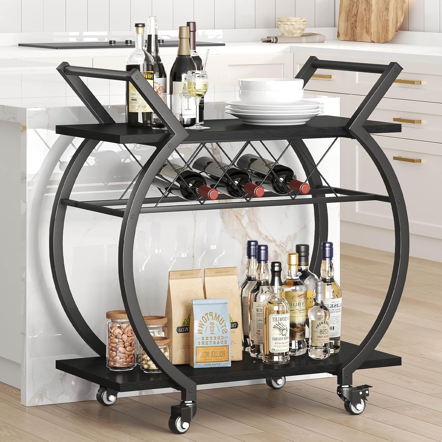 Thumbnail 5 de LVB Carrello Portabevande Nero: carrello bar con ruote in legno/metallo per vino e bevande