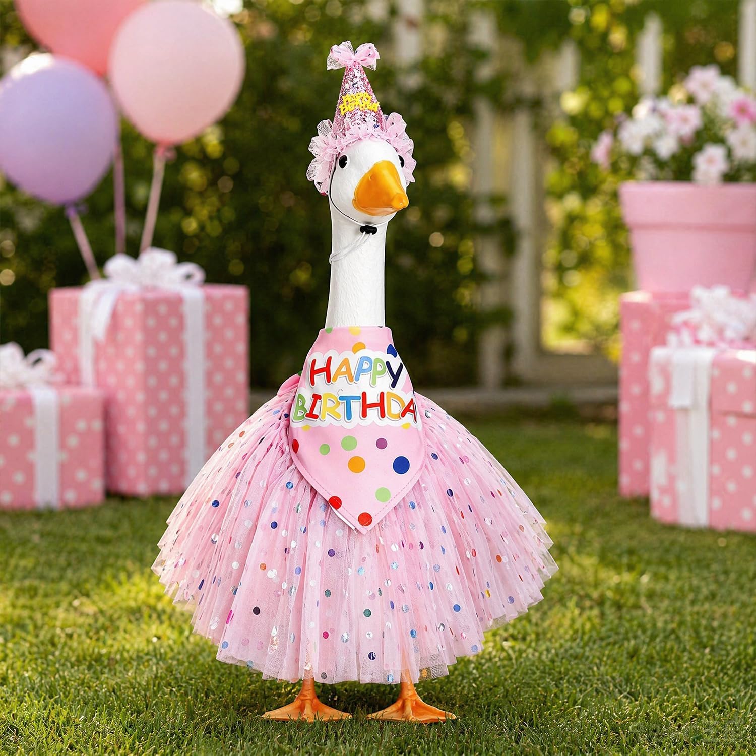 Detalle de MEQUER Porch Goose Birthday Outfit Set with Pink Tutu, Hat and Bandana