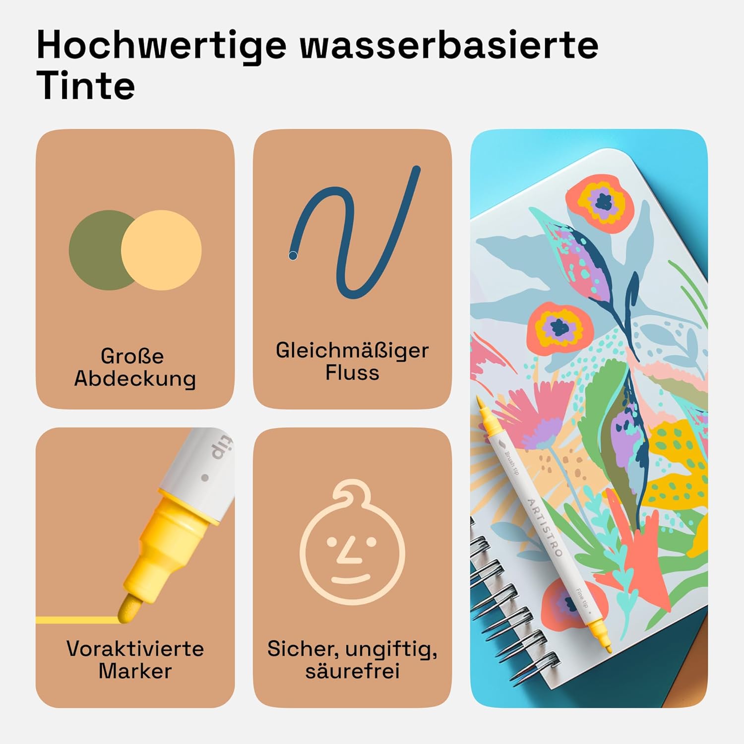 Thumbnail 4 de Artistro 24 Acrylstifte Dual Tip (Pinsel & Fein) – Set mit 24 Farben für Stoff, Leinwand, Stein, Glas und Holz