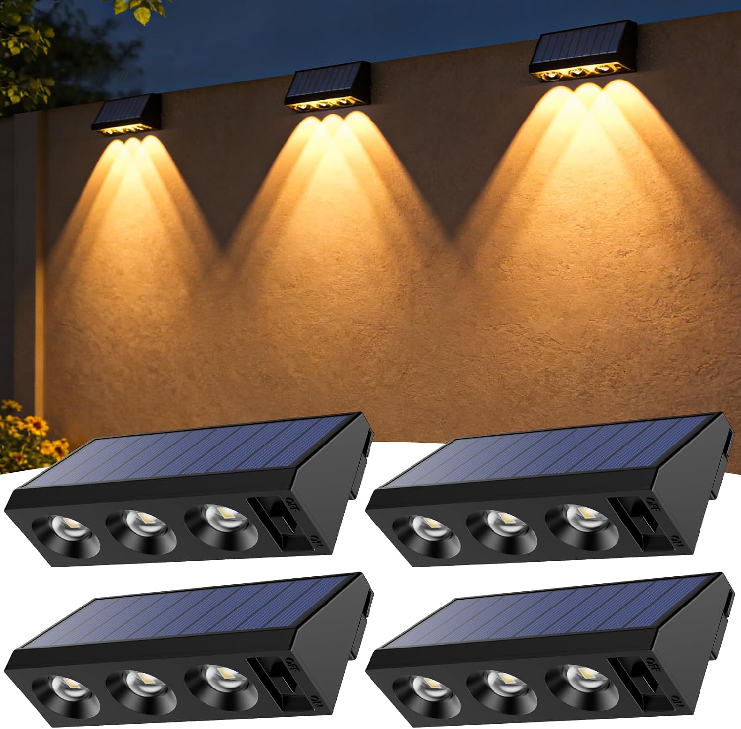 Detalle de Wudyfei Solar Fence Lights Outdoor (4 Pack) with 3LED and 3 Convex Lenses, IP65 waterproof solar wall lights