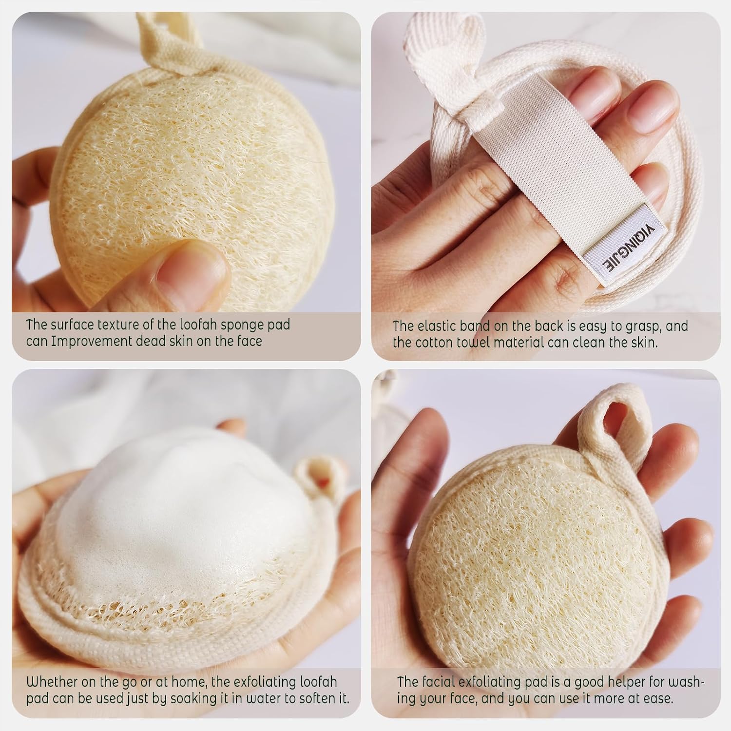 Detalle de YIQINGJIE YQJFACE Natural Loofah Face Scrubber, Beige 4-Pack