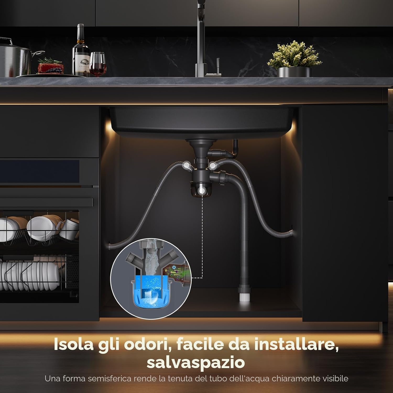 Detalle de Sofetiy Lavello da Cucina in Granito Nero 70x45 cm – Lavello moderno rettangolare con 2 fori, set incasso