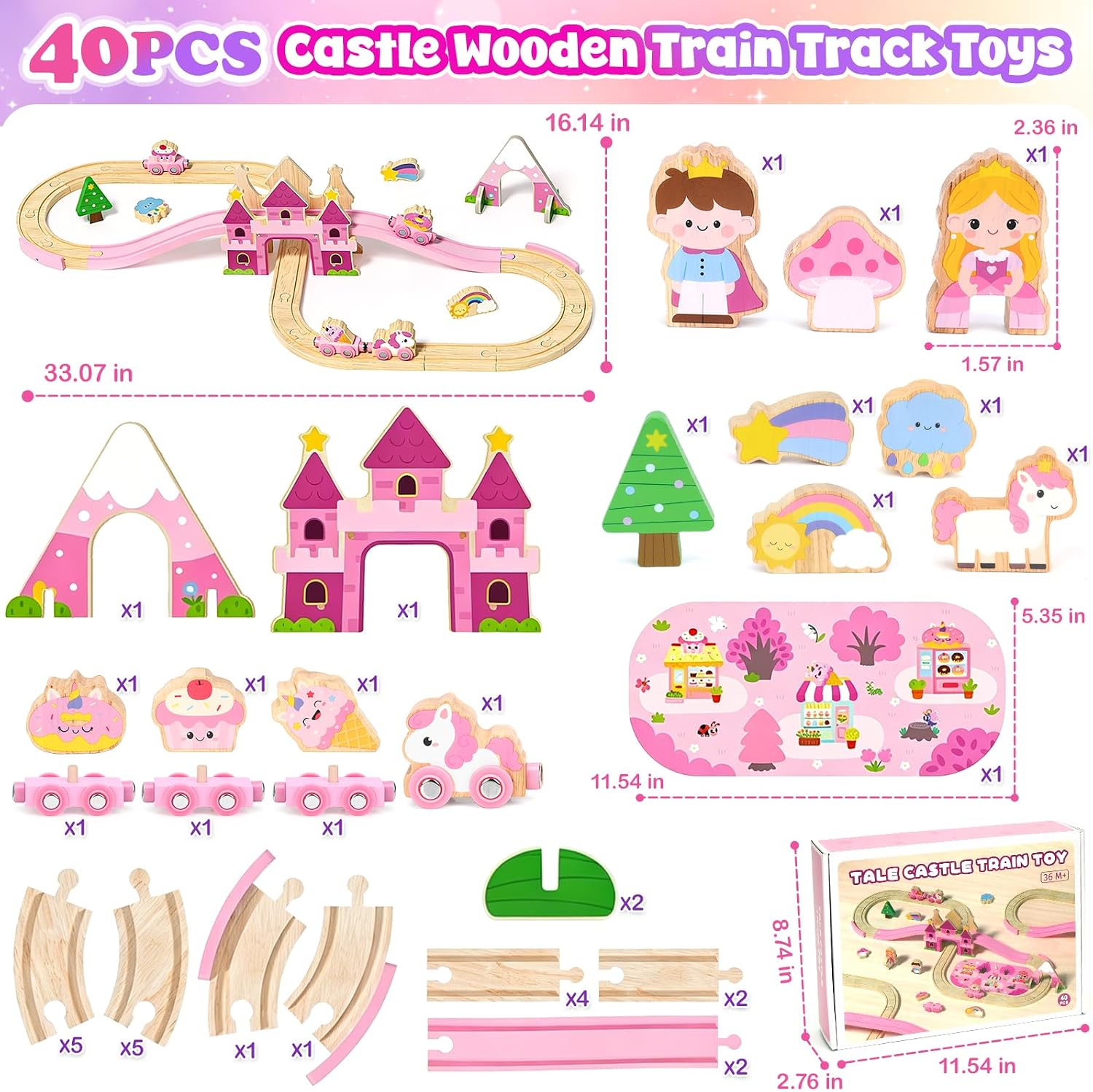 Thumbnail 6 de Brialice Toddler Toys 40-Piece Wooden Train Set with Castle and Play Mat