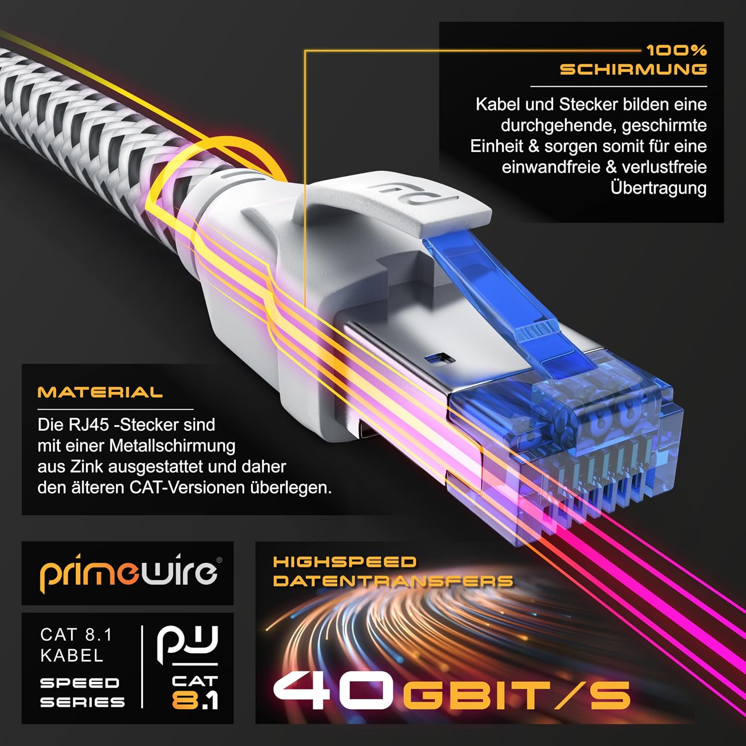 Thumbnail 3 de CSL 20 m CAT 8 Netzwerkkabel – Baumwollmantel, RJ45 Stecker, 40 Gbit/s, S/FTP PIMF, weiß