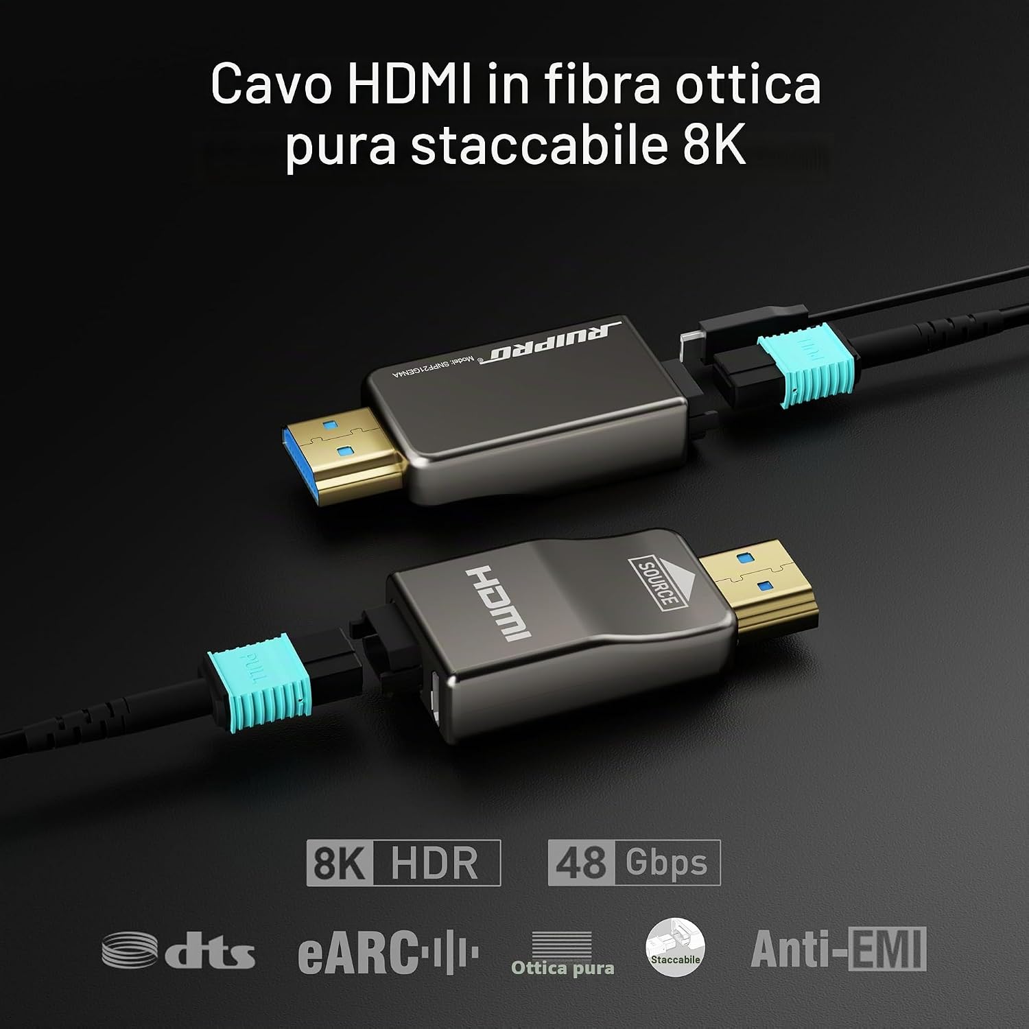 Detalle de RUIPRO 8K Cavo HDMI 2.1 in fibra ottica pura 70M con connettore staccabile e guaina rinforzata