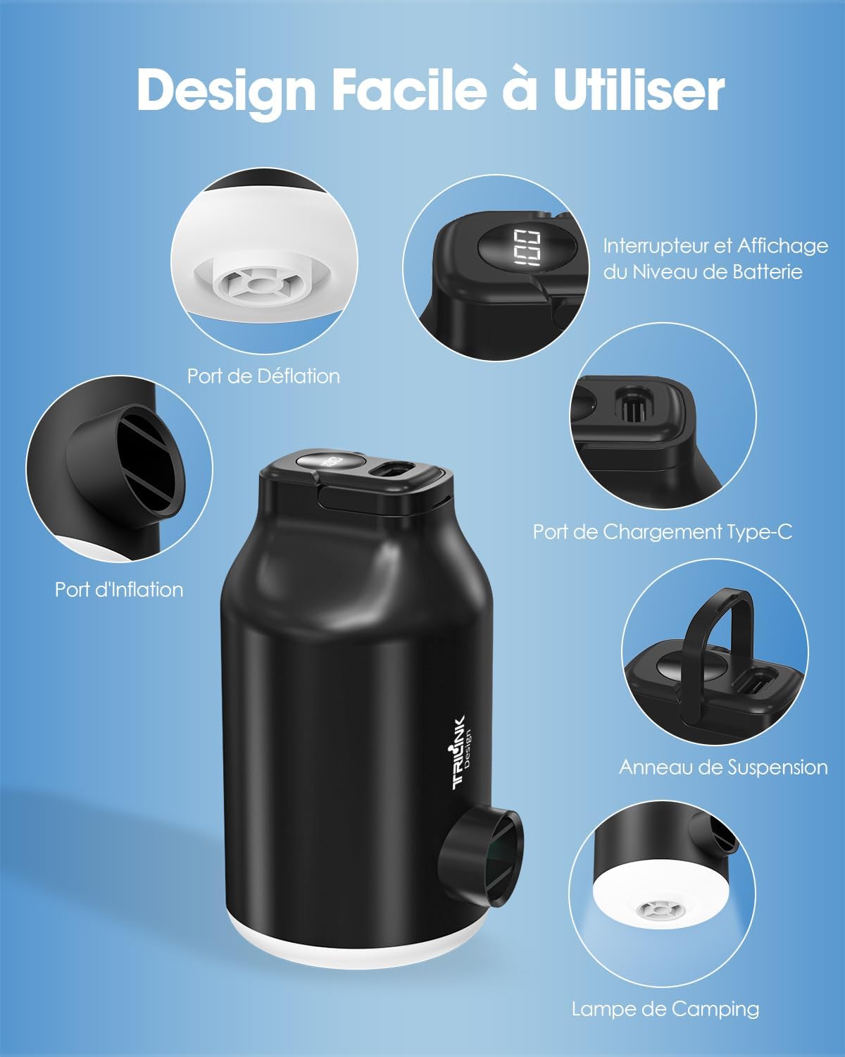 Thumbnail 2 de TRILINK Pompe à air électrique mini portable pour matelas et lits gonflables (rechargeable, LED, 5 buses)