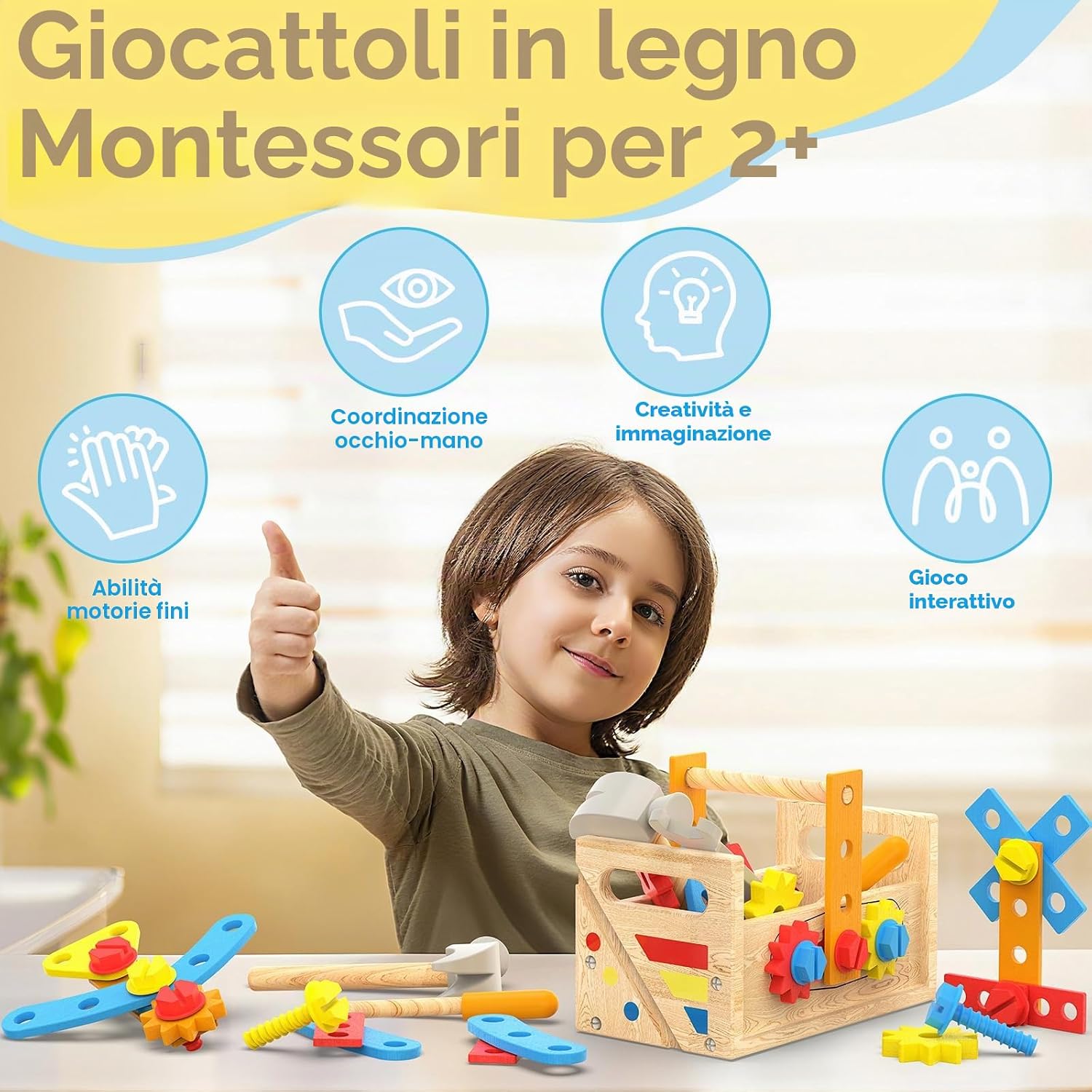 Detalle de Cassetta Attrezzi per Bambini in Legno con Banco Montessori e Grembiule – Set da 42 pezzi (2–4 anni)