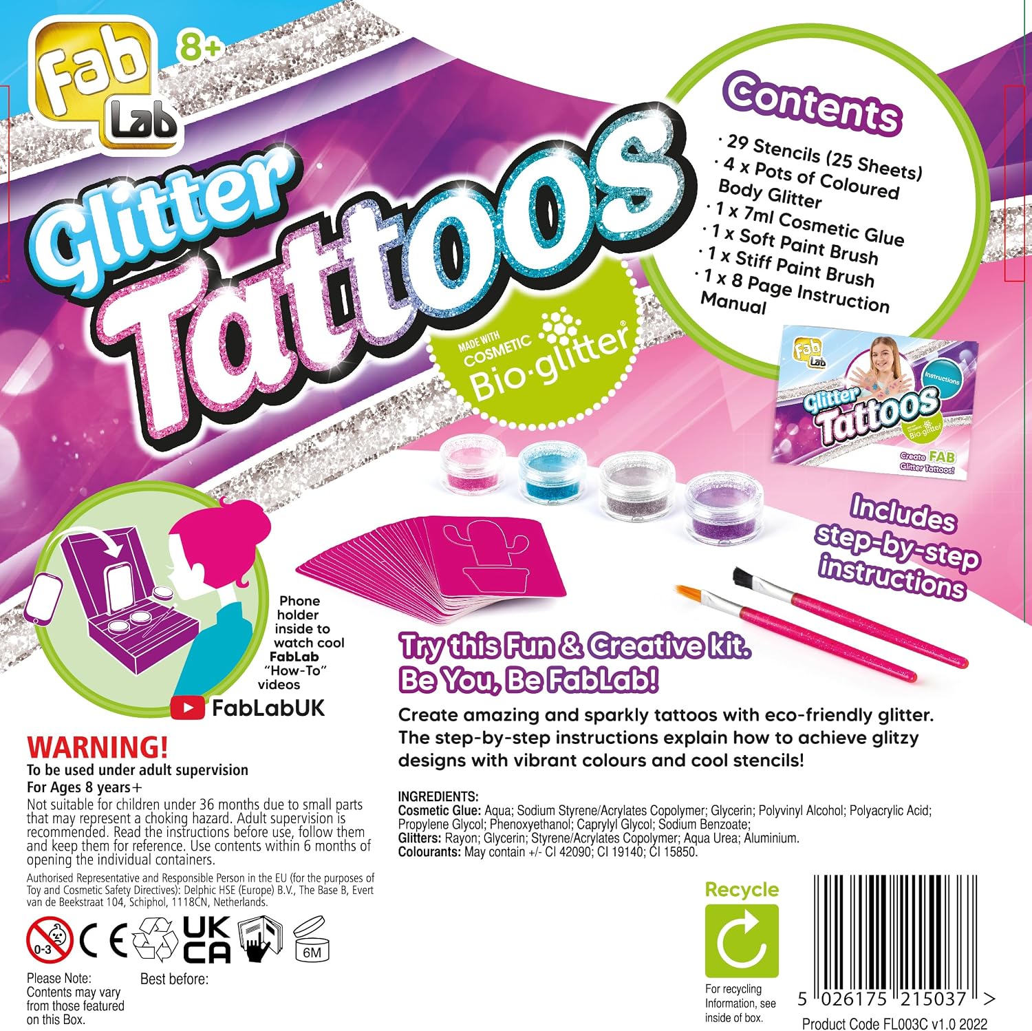 Thumbnail 1 de FabLab Glitter Tattoos | Create FAB Glittery Kids Tattoos with 28 Stencils and 4 Biogel Glitter Colours