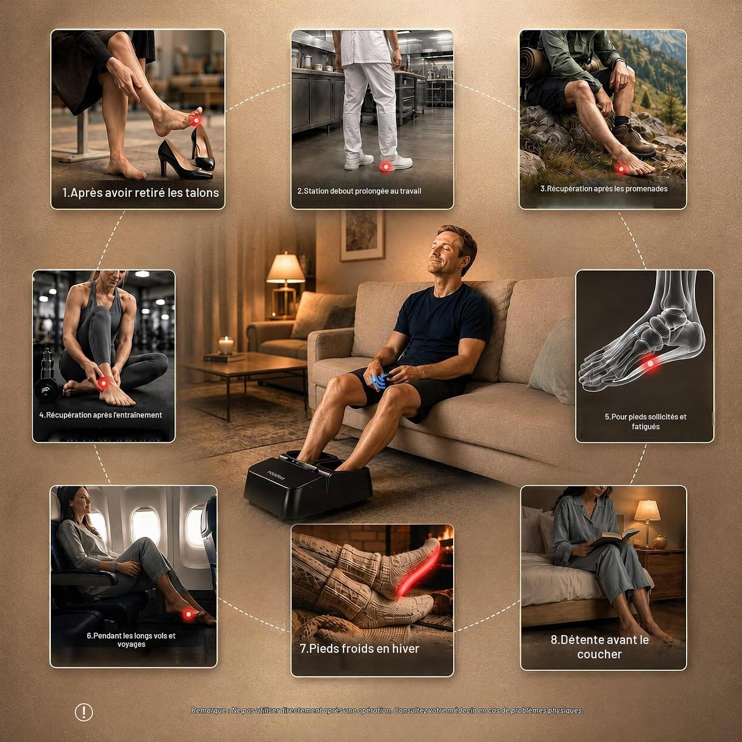 Detalle de MOUNTRAX voetmassageapparaat met warmte, shiatsu en luchtcompressie
