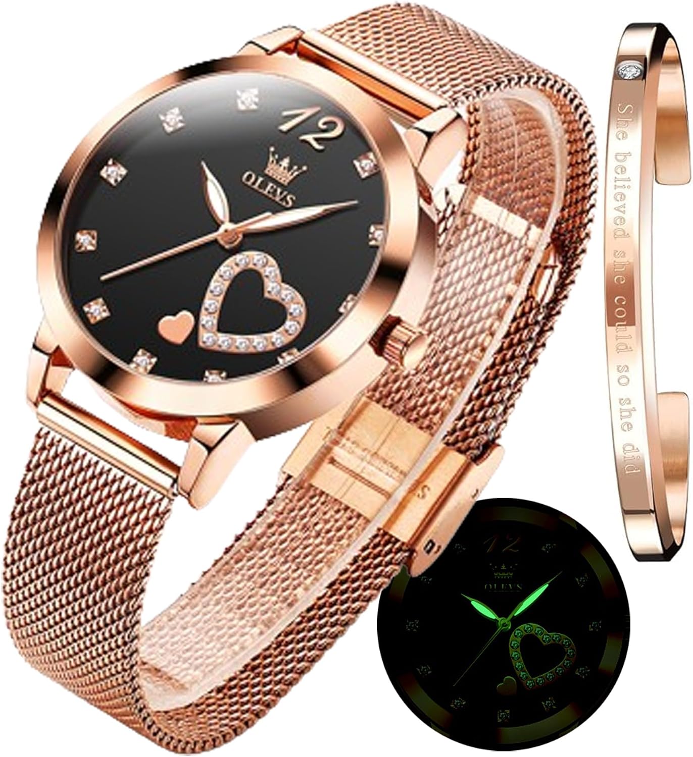 Detalle de OLEVS Montre Luxe Or Rose pour femmes, bracelet maille acier inoxydable 316L, étanche 30 m (30m)