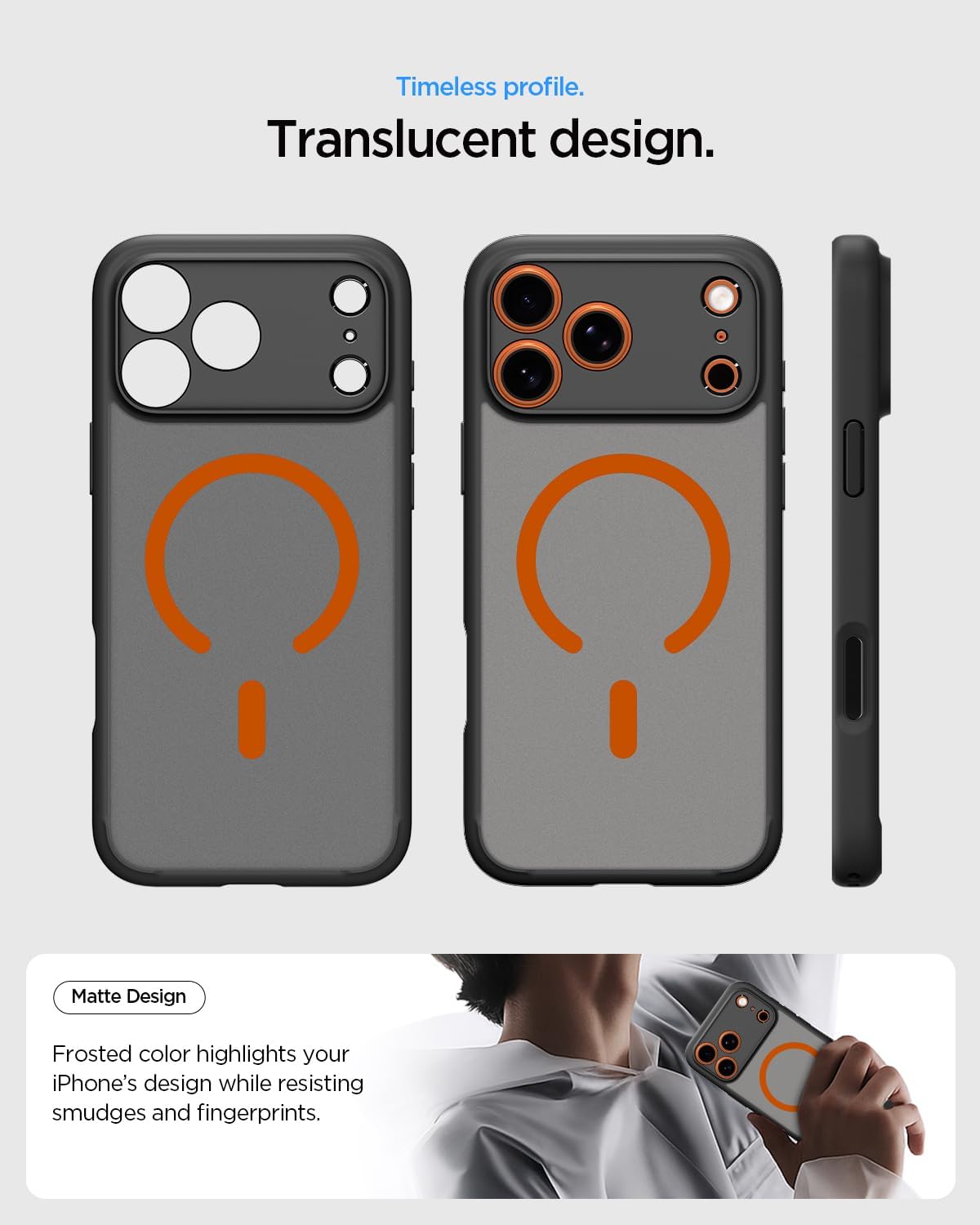 Detalle de Spigen Ultra Hybrid MagFit pour iPhone 17 Pro Max (Frost noir orange) – coque transparente mate antihuelles