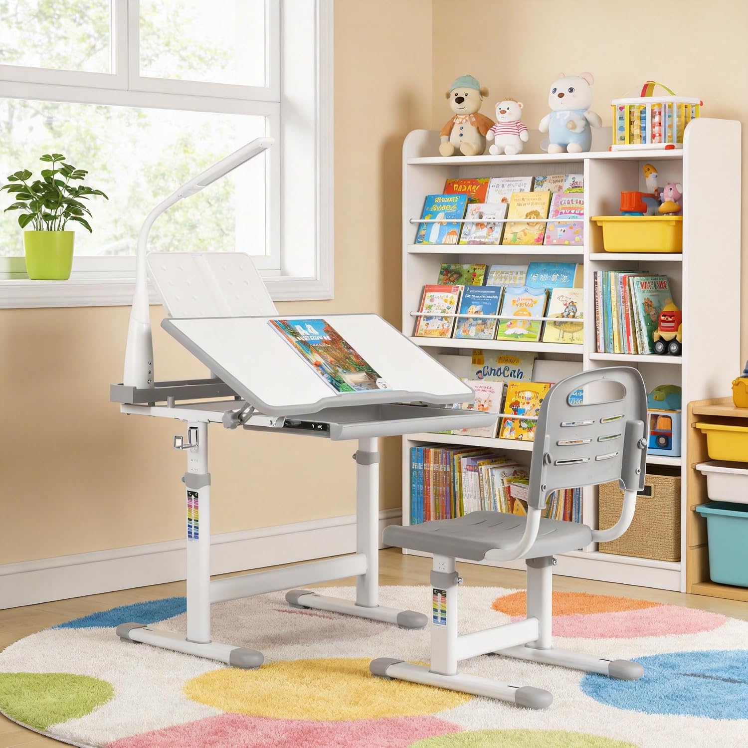 Detalle 1 de MAMIZO Gris Height-Adjustable Children's Desk and Chair Set with Lamp, Grey