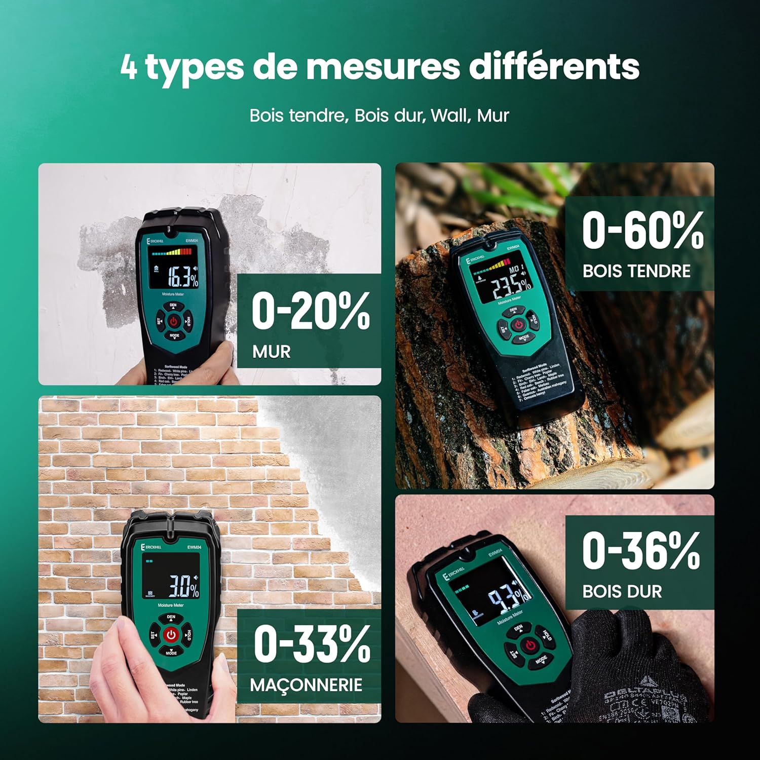 Thumbnail 2 de ERICKHILL Humidimètre non invasif en bois – 4 modes, écran LCD rétroéclairé, détection humidité pour bois, cloison sèche et maçonnerie