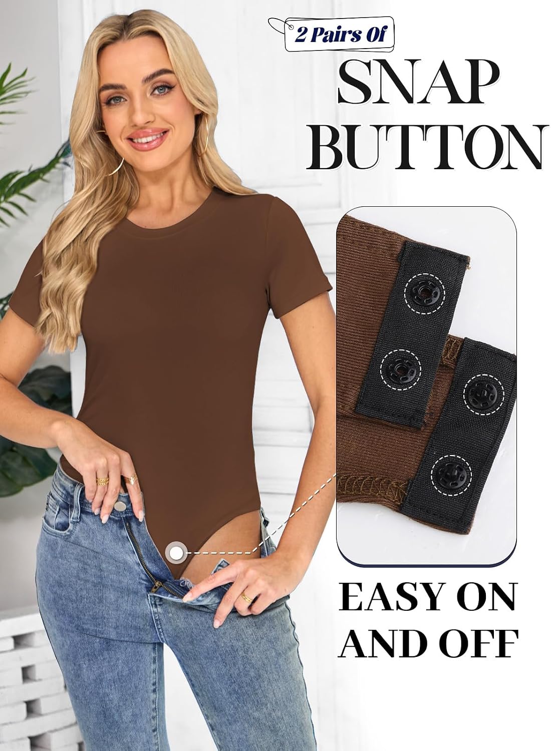 Detalle de Kefiyis Bodysuit Short Sleeves for Women – Slim Fit Nylon-Spandex Leotard with Snap Closure