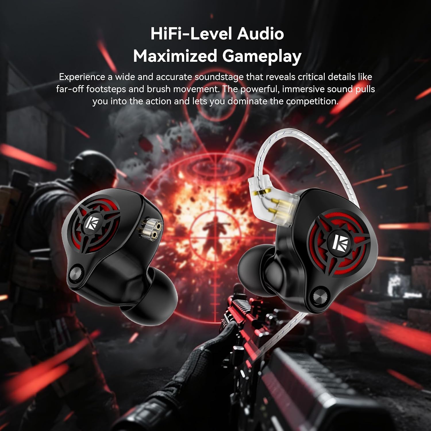 Detalle de Yinyoo KBEAR BK1 Gaming Earbuds with Mic – 10mm Dynamic Driver, 3.5mm Wired In‑Ear Headphones