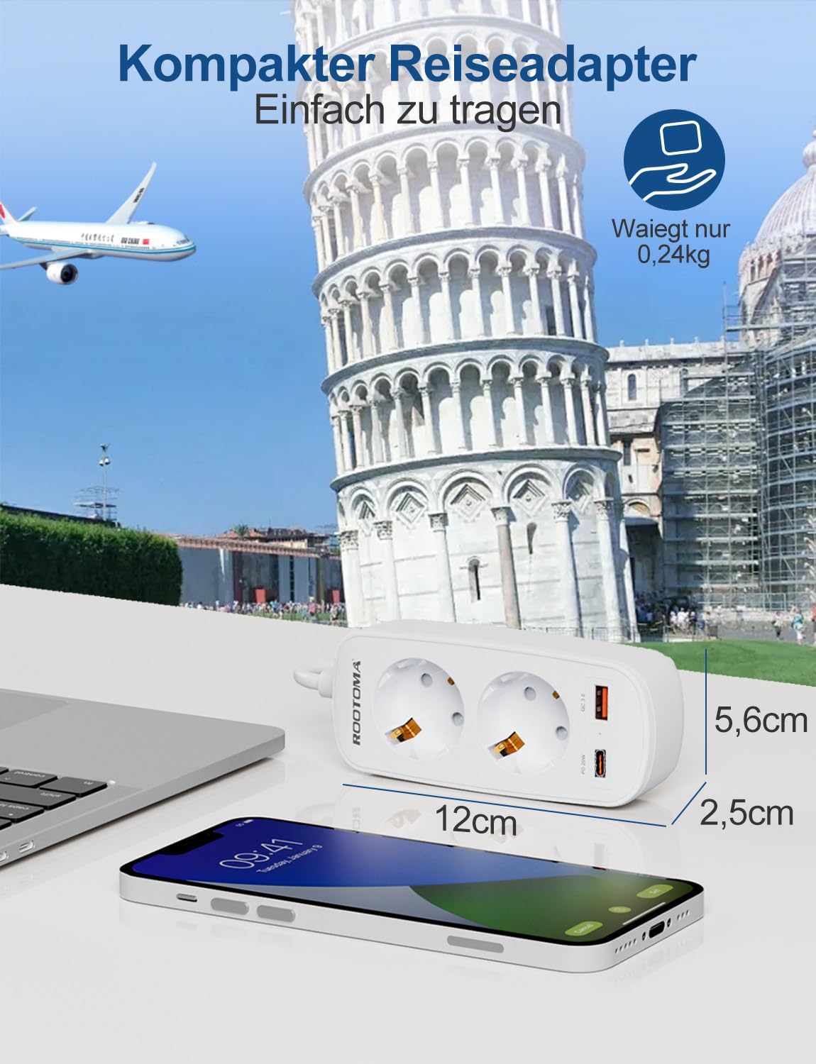 Thumbnail 3 de Adapter Italien Steckdose mit PD20W USB Schnellladegerät – 2-fach, USB-C PD 3.0 & USB-A QC 3.0, 1,5 m Kabel, Typ L