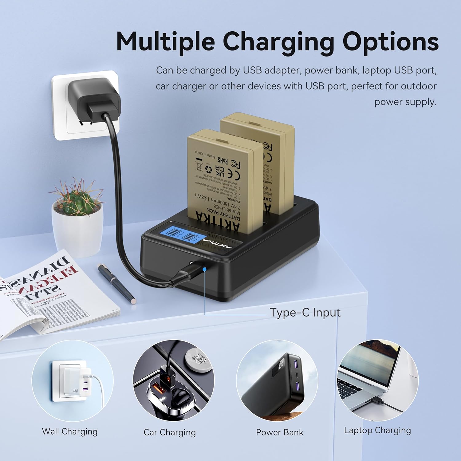 Detalle 2 de AKTTKA LP-E5 1800mAh (x2) con caricatore USB-C doppio con display LCD – kit completo per Canon EOS