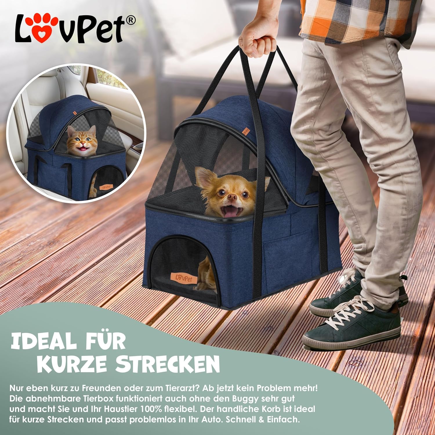 Detalle de LOVPET Hundewagen 2in1: Robuster Buggy & Transportbox für Hunde bis 20 kg