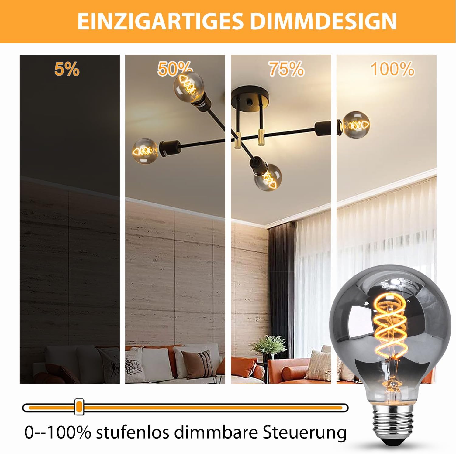 Detalle de Edison Vintage LED E27 Glühbirne 4W – Dimmbare Filamentlampe im Rauchglas, warmweiß, 6er Pack