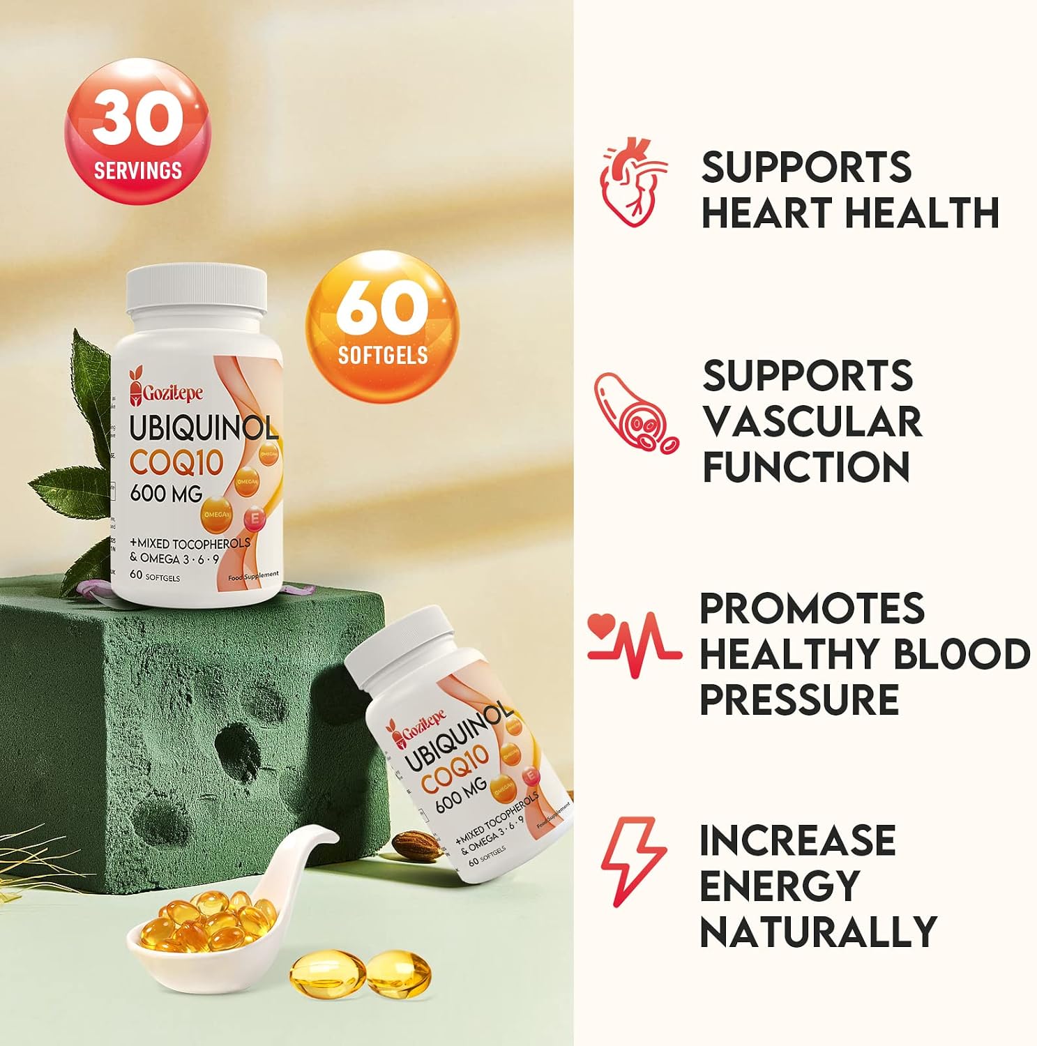 Thumbnail 3 de Ubiquinol CoQ10 600 mg Weichkapseln mit Omega 3-6-9 und Vitamin E – 60 Softgels (4er Pack)