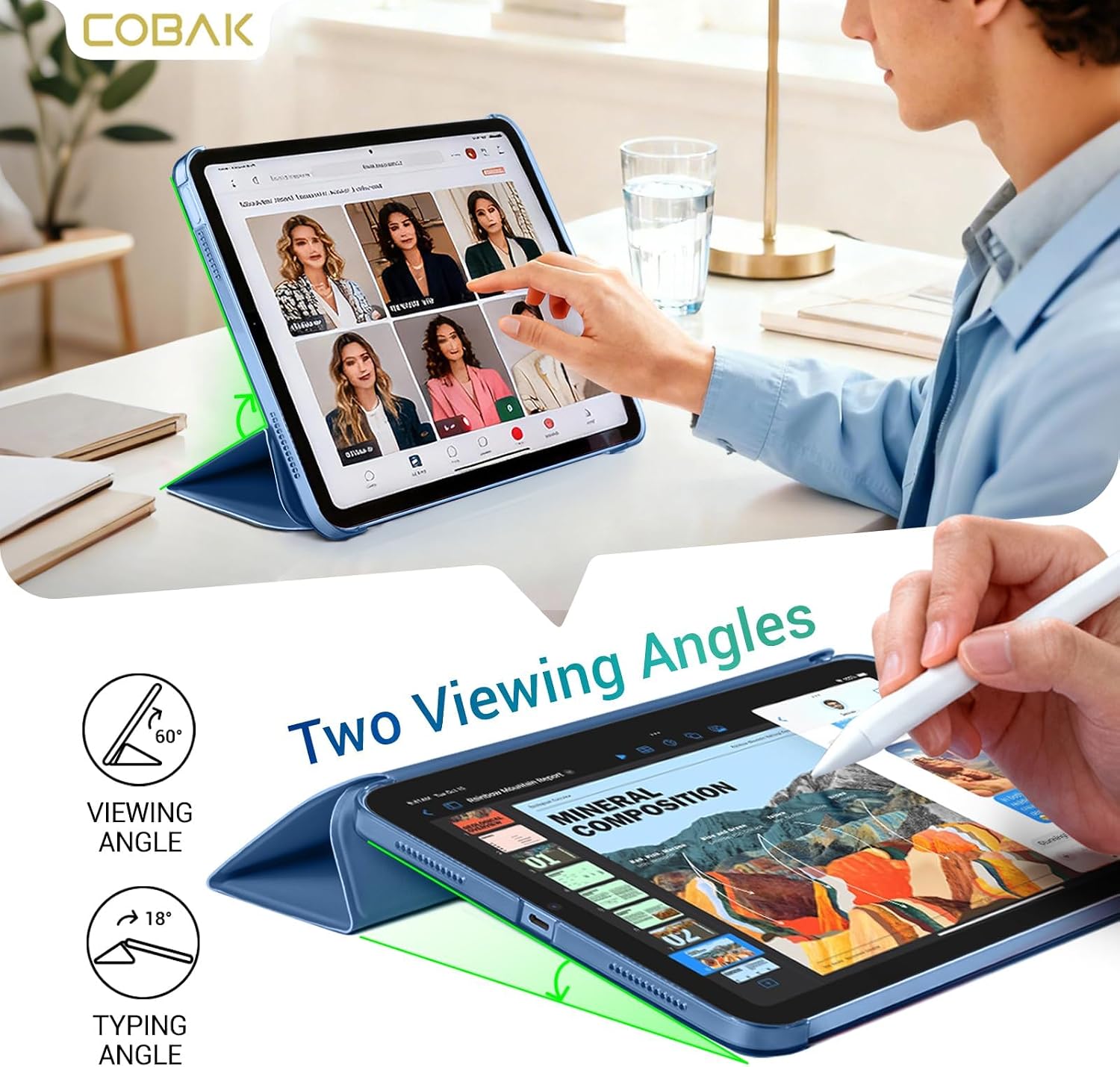 Detalle 2 de CoBak Case for iPad A16 11th Gen 2025 / iPad 10th Gen 2022 – Blue, Trifold Stand, Auto Wake/Sleep