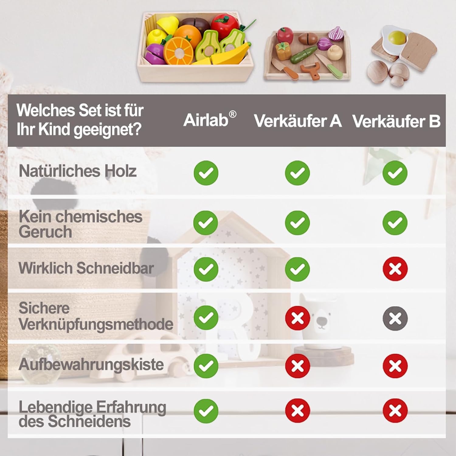Detalle de Airlab Holz-Schneideset für Kinderküche: Obst zum Schneiden mit Klett-Verbindung