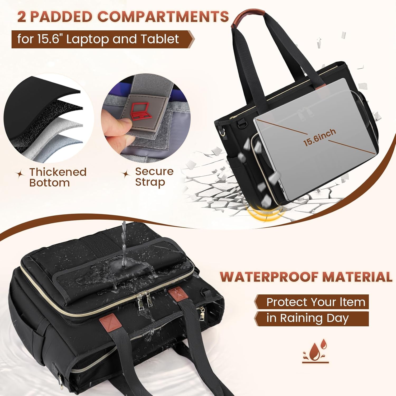 Detalle de RAINSMORE Laptop Tote Bag for Women 15.6" – Insulated Pocket, Luggage Strap & Ample Organisers