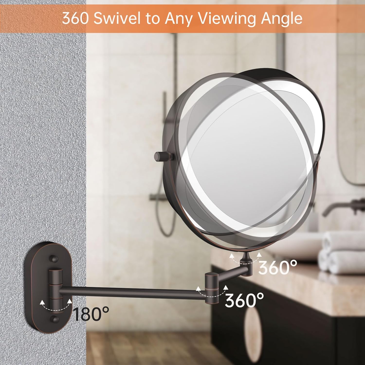 Detalle 2 de 5000mAh Rechargeable Wall Mounted Lighted Makeup Vanity Mirror with 1X/30X Magnification in Antique Bronze