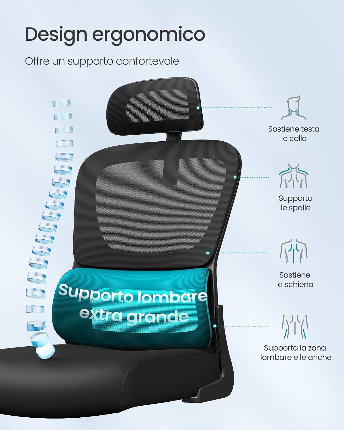 Detalle de SONGMICS Sedia ergonomica da ufficio con rete a doppio strato, poggiatesta regolabile e supporto lombare adattabile OBN041B01
