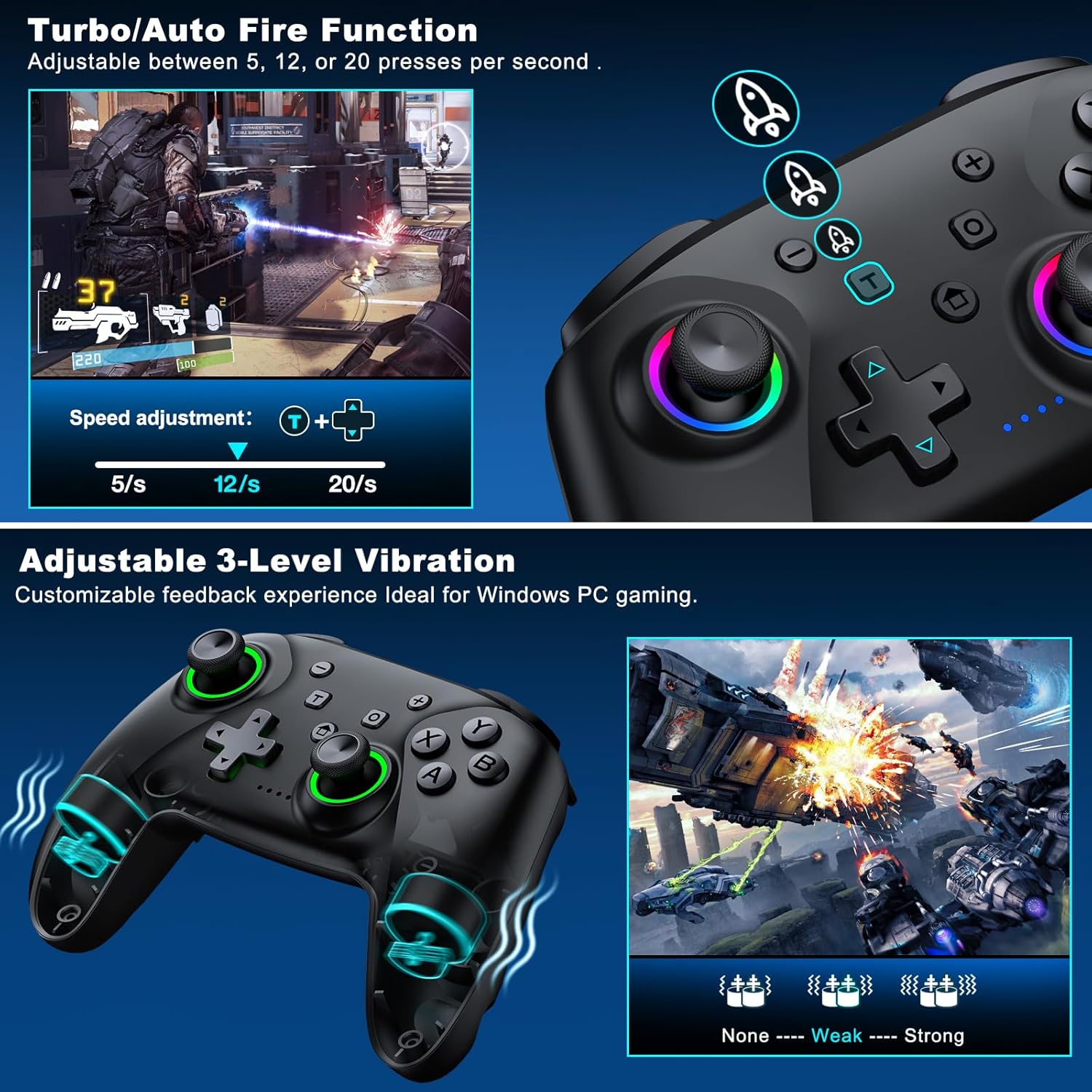 Detalle de CoguyTech PC Controller – Kabellos-Spiele-Controller mit USB/BT, Hall-Joystick und RGB-Beleuchtung