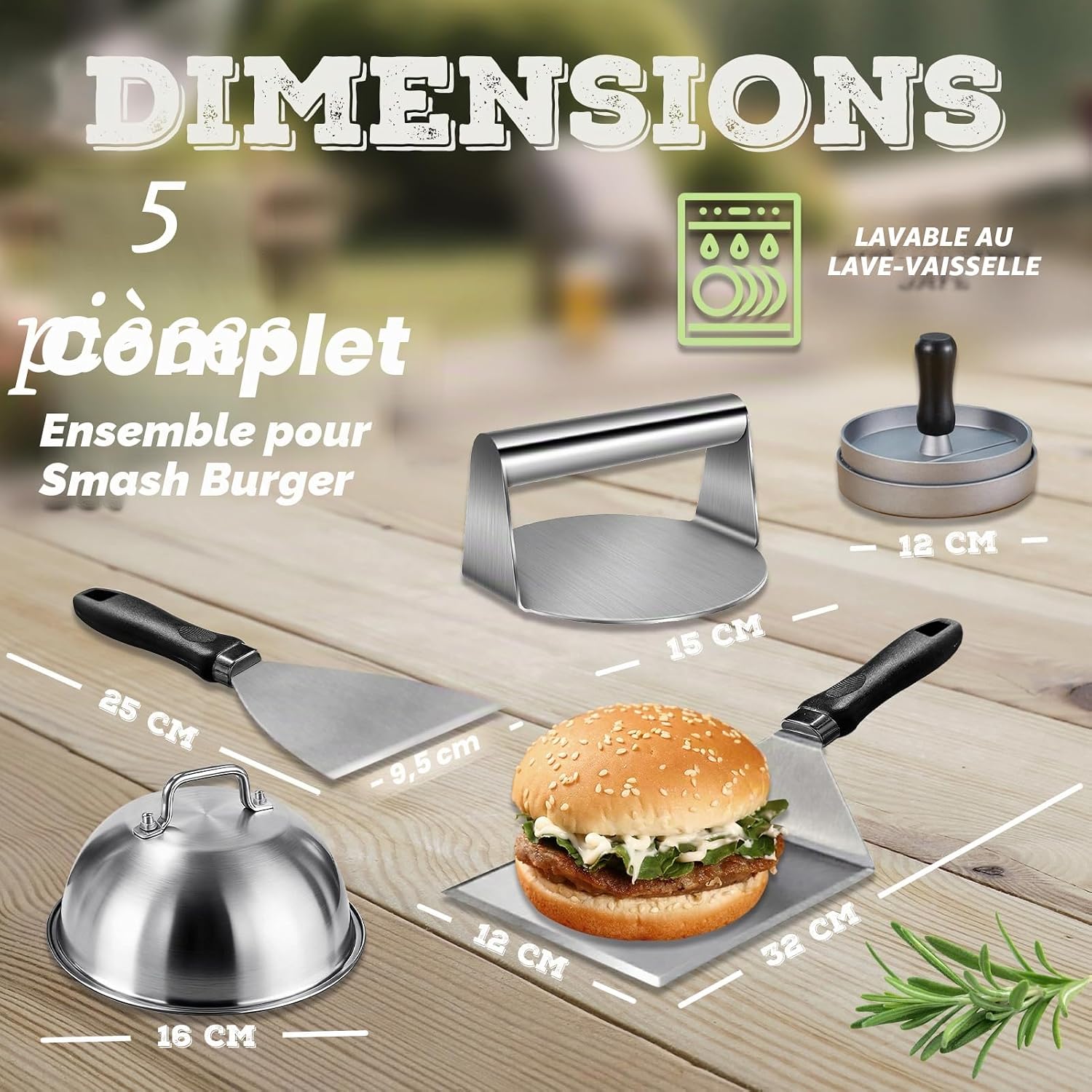 Detalle de Set Smash Burger 5 Pièces – Kit Plancha inoxydable pour Grill et Teppanyaki