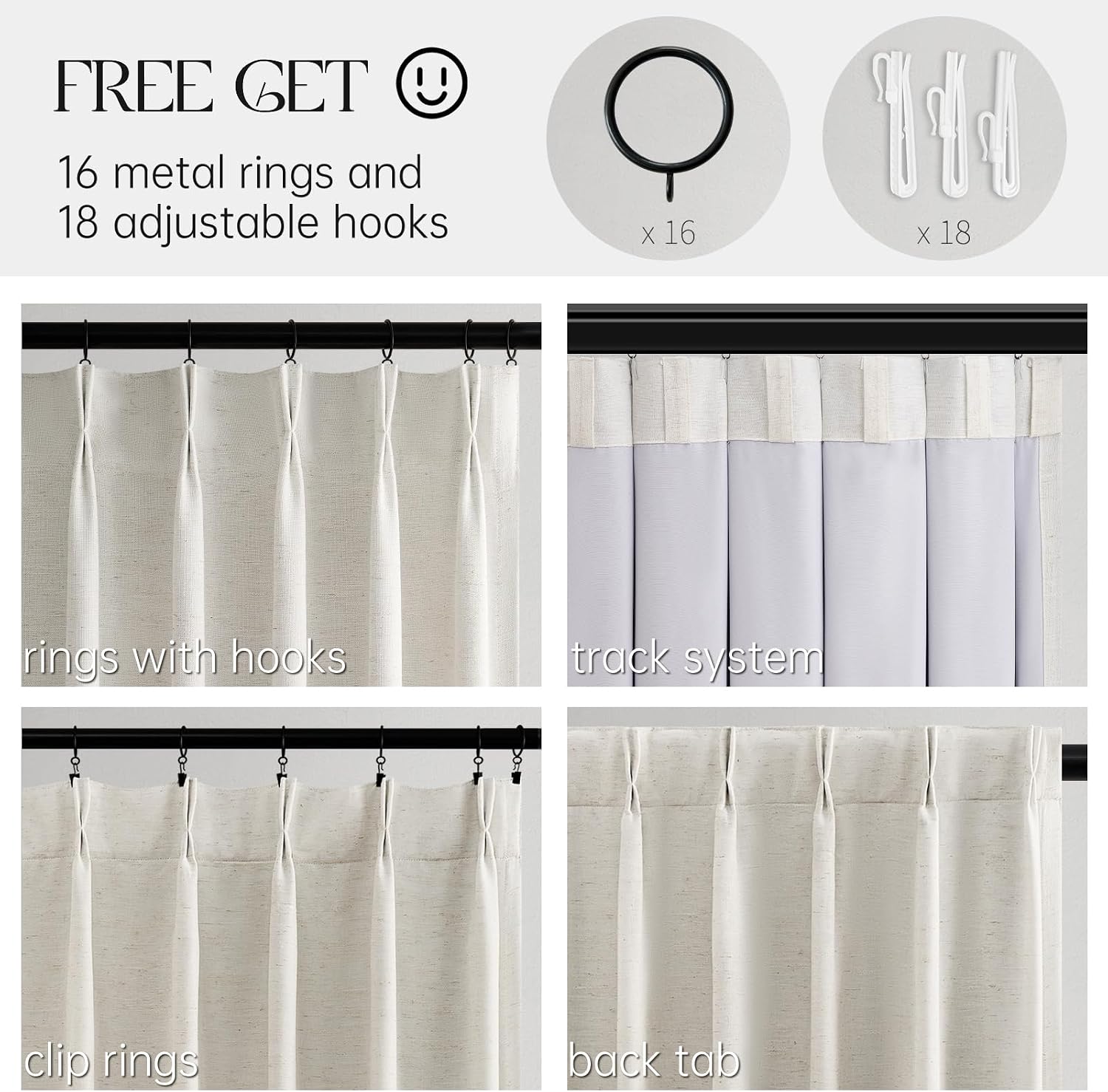 Detalle de Natural 90-Inch Linen Blackout Curtains (2 Panels) — Pinch Pleated, Thermal Insulated & Sound-Reducing