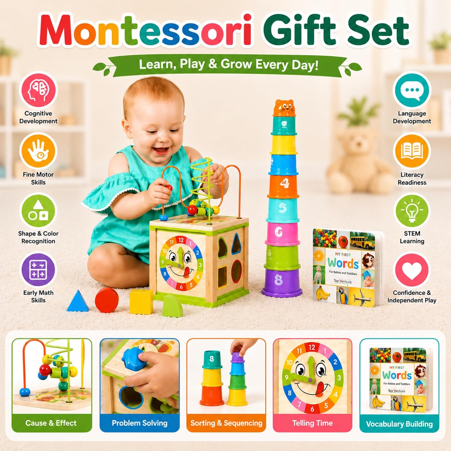 Thumbnail 3 de Toyventive Wooden Kids Baby Activity Cube for Girls Gift Set (Bead Maze, 12–18 Months)