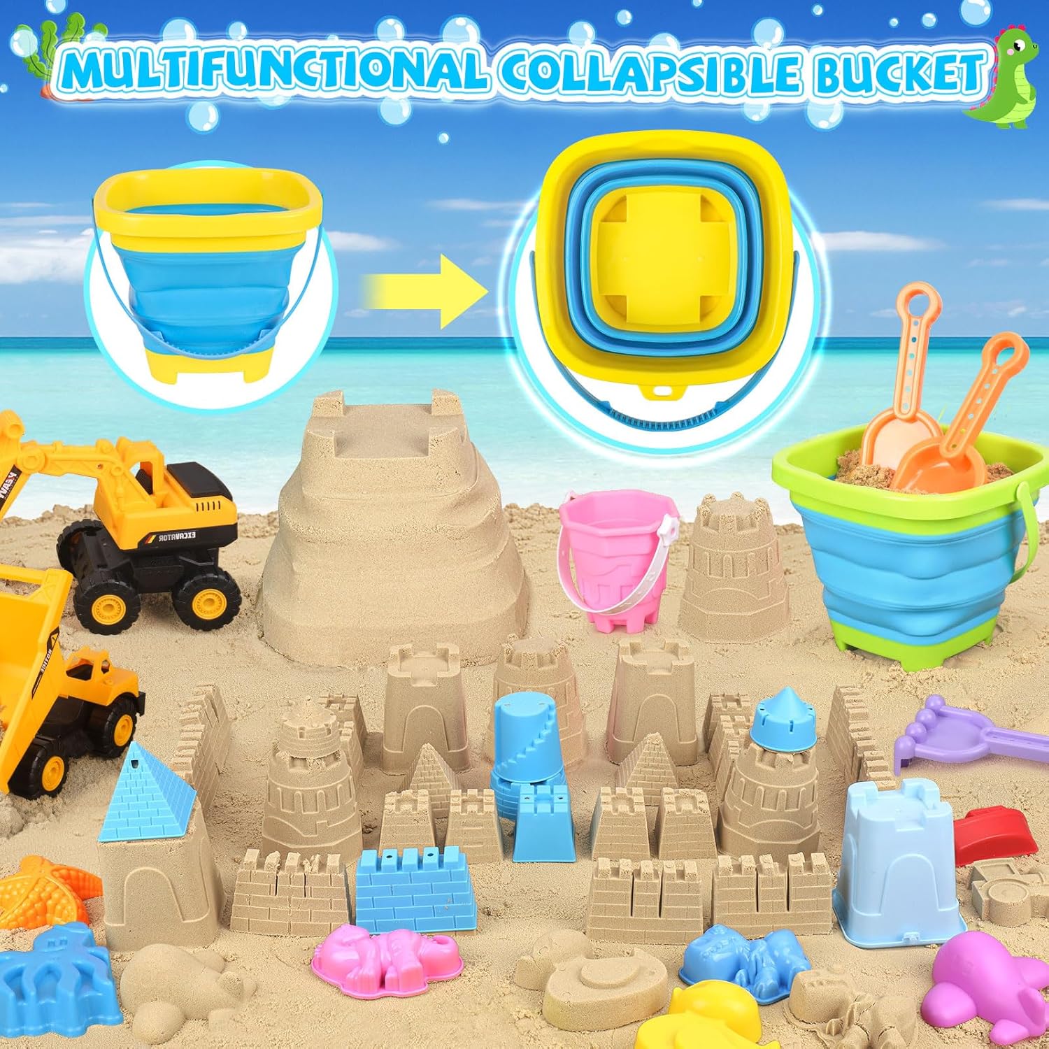 Thumbnail 3 de FHOZGECY Beach Sand Toys: 3 Construction Vehicles & 3 Collapsible Buckets for Outdoor Play
